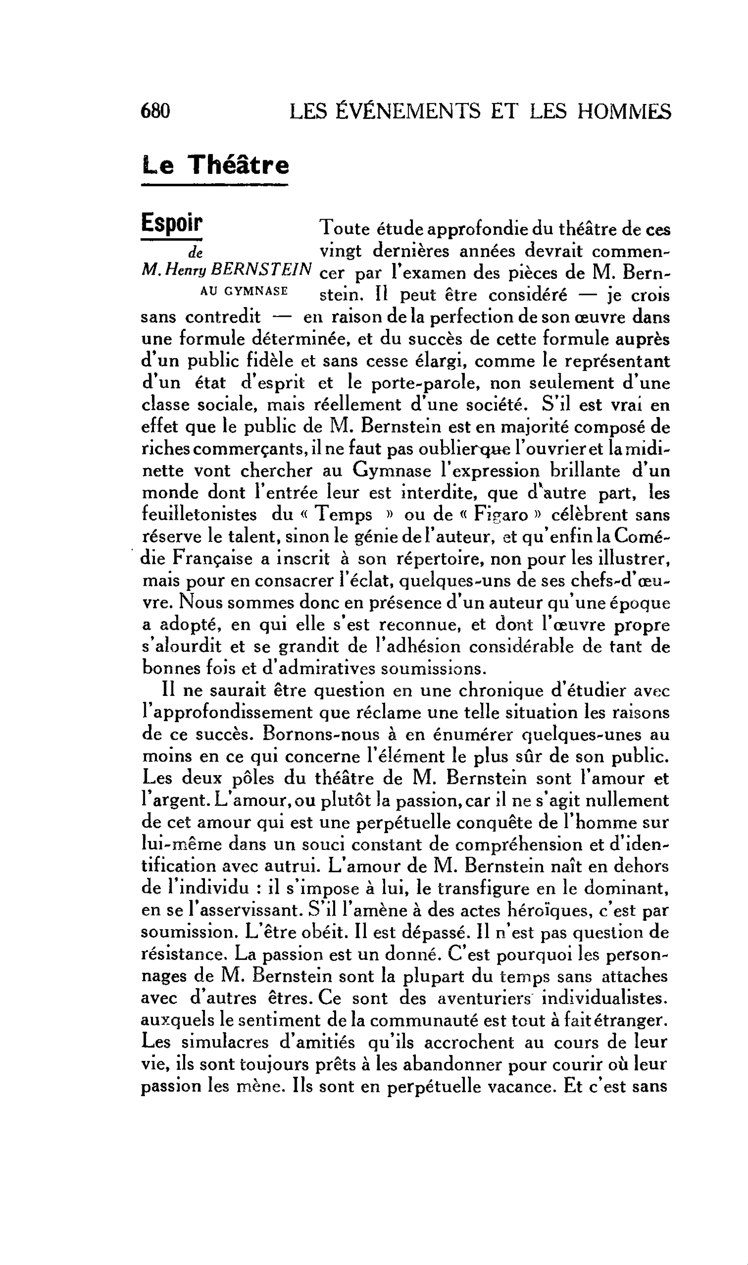 LES LETTRES : Le Théâtre Espoir de M.Henry BERNSTEIN AU GYMNASE