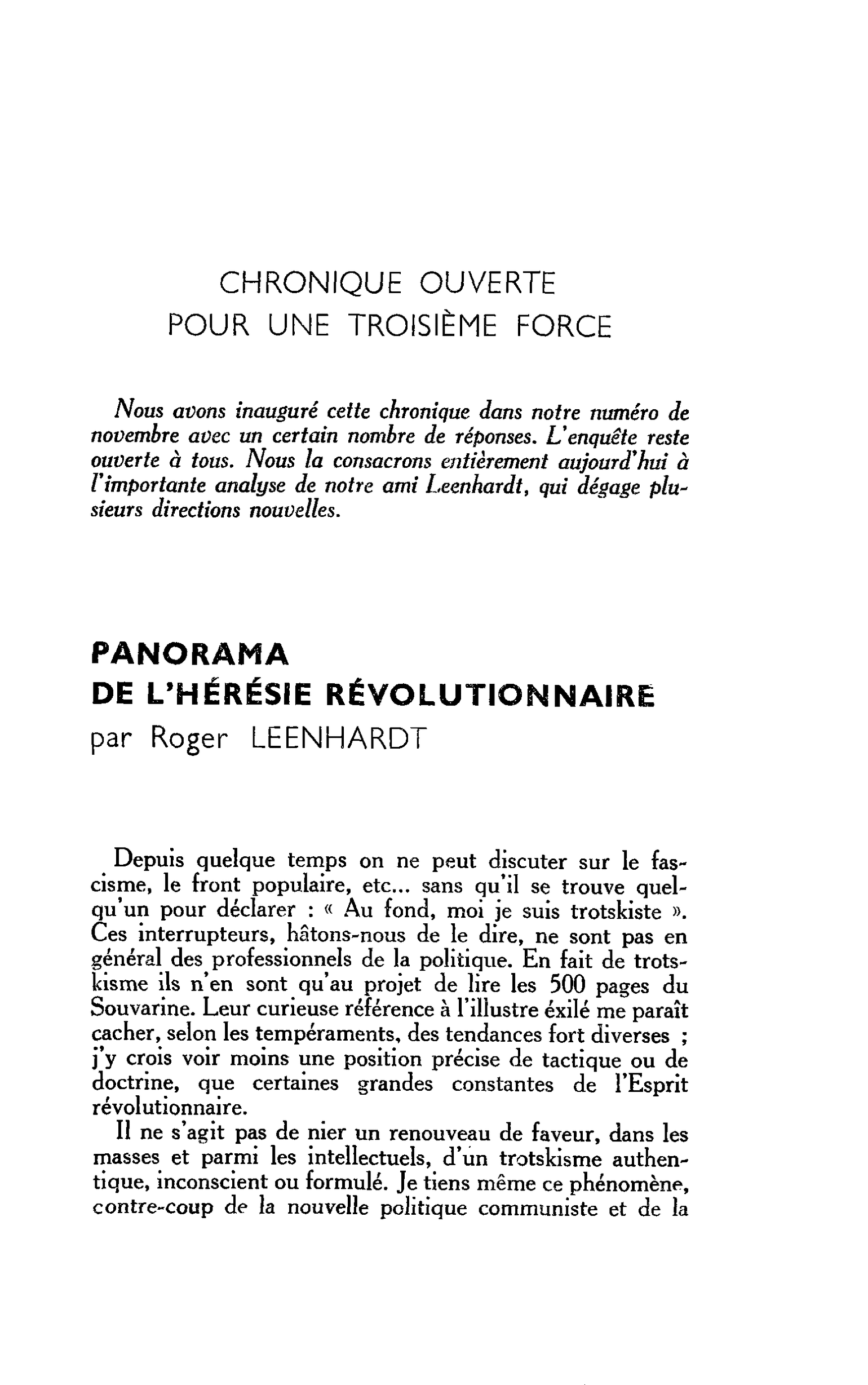 CHRONIQUE OUVERTE POUR UNE TROISIÈME FORCE