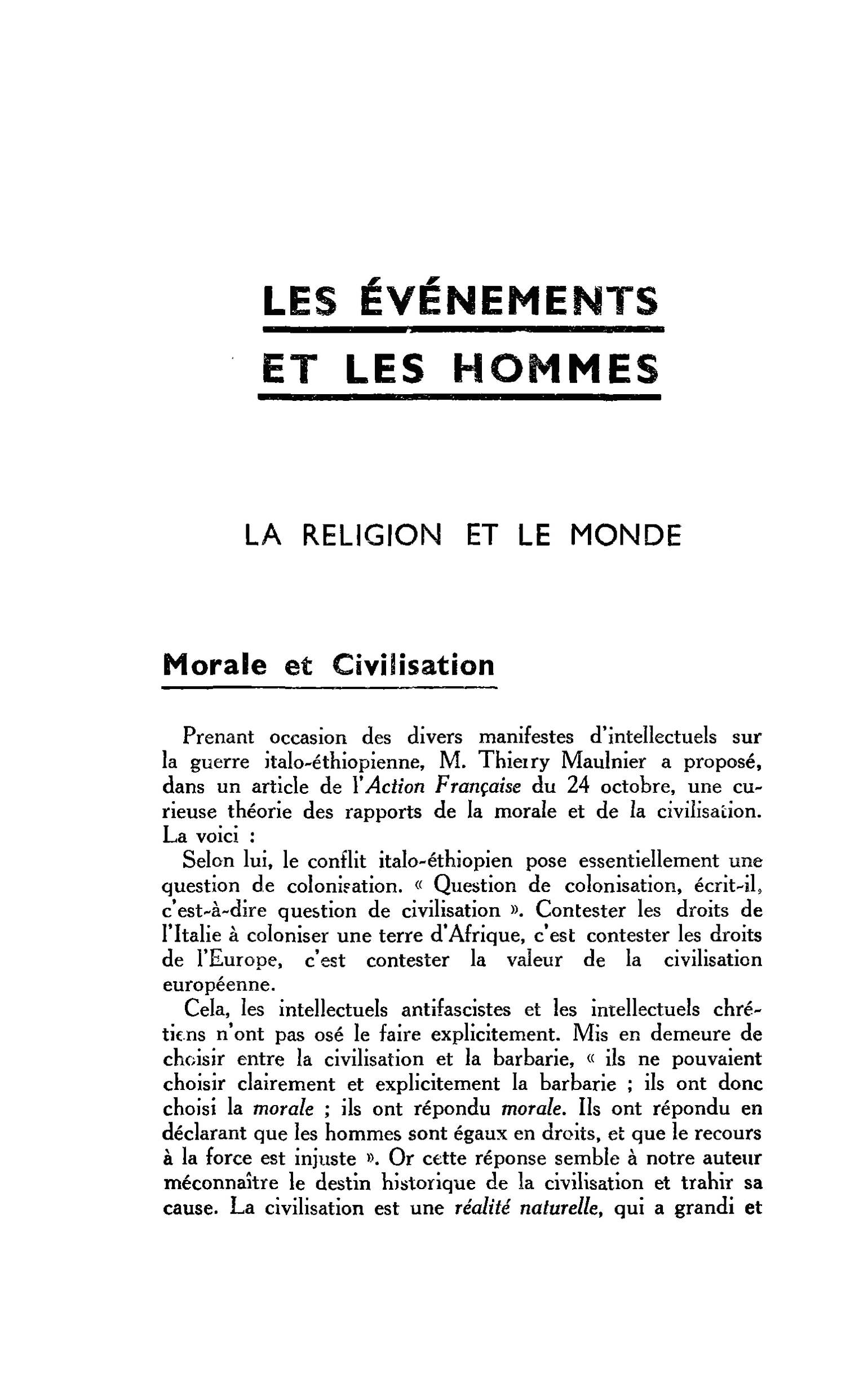 LA RELIGION ET LE MONDE : Morale et Civilisation