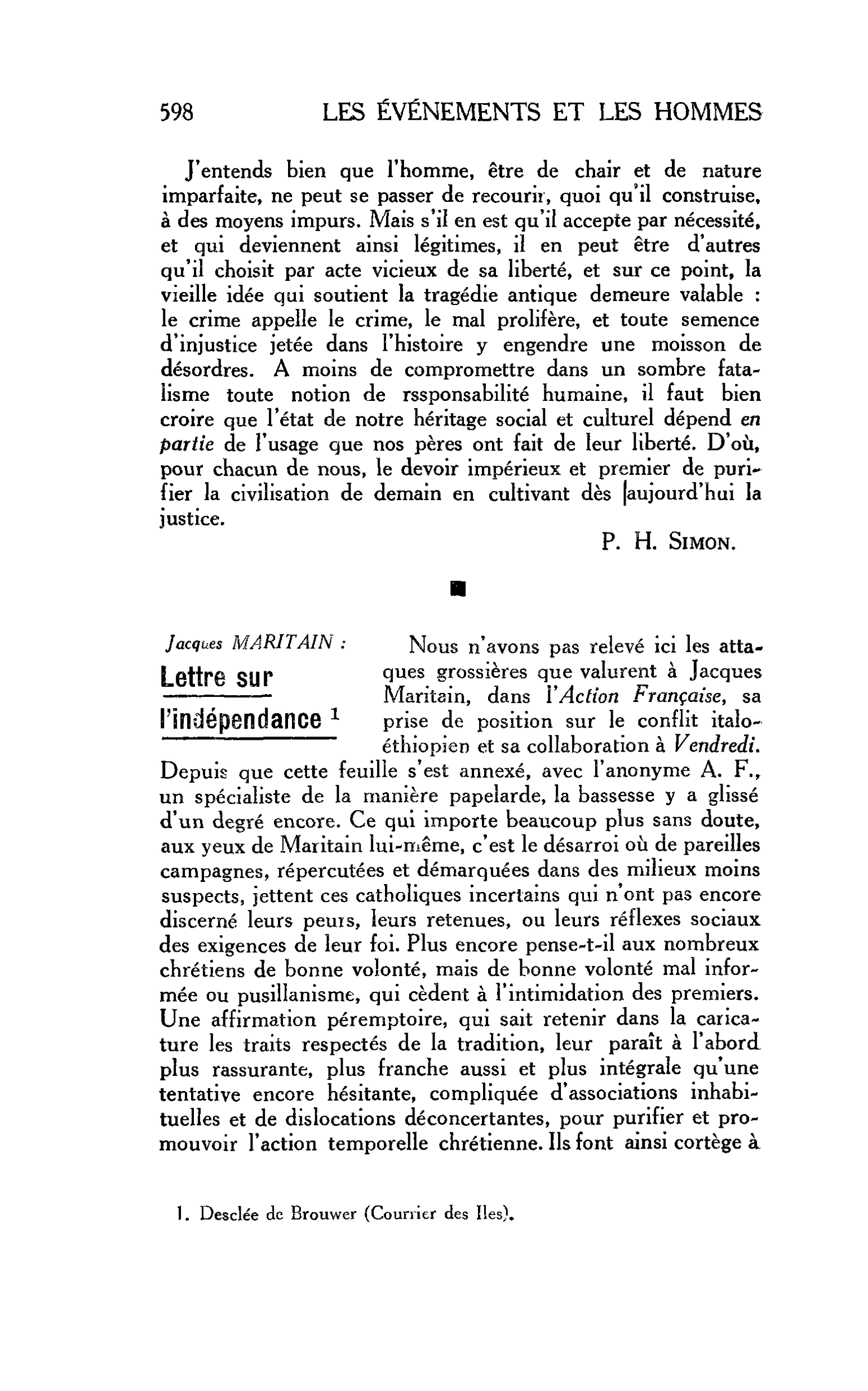 LA RELIGION ET LE MONDE. Jacques MARITAIN : Lettre sur l’indépendance