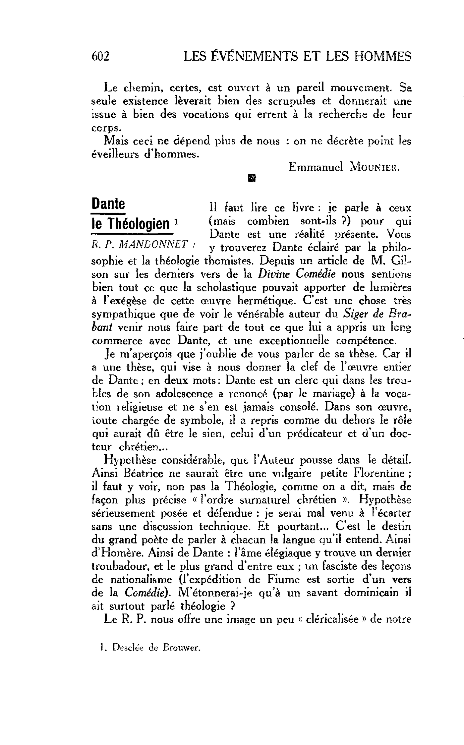LA RELIGION ET LE MONDE. Dante le Théologien : R. P. MANDONNET