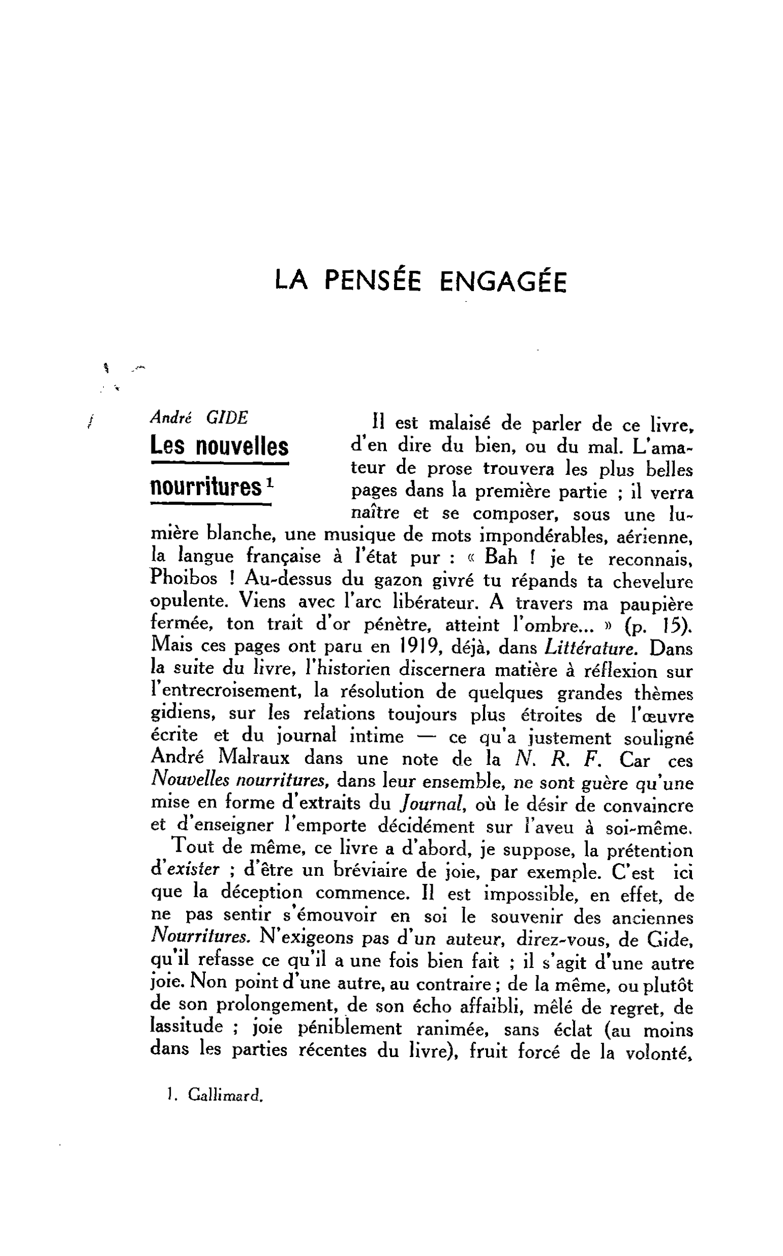 LA PENSÉE ENGAGÉE. André GIDE : Les nouvelles nourritures