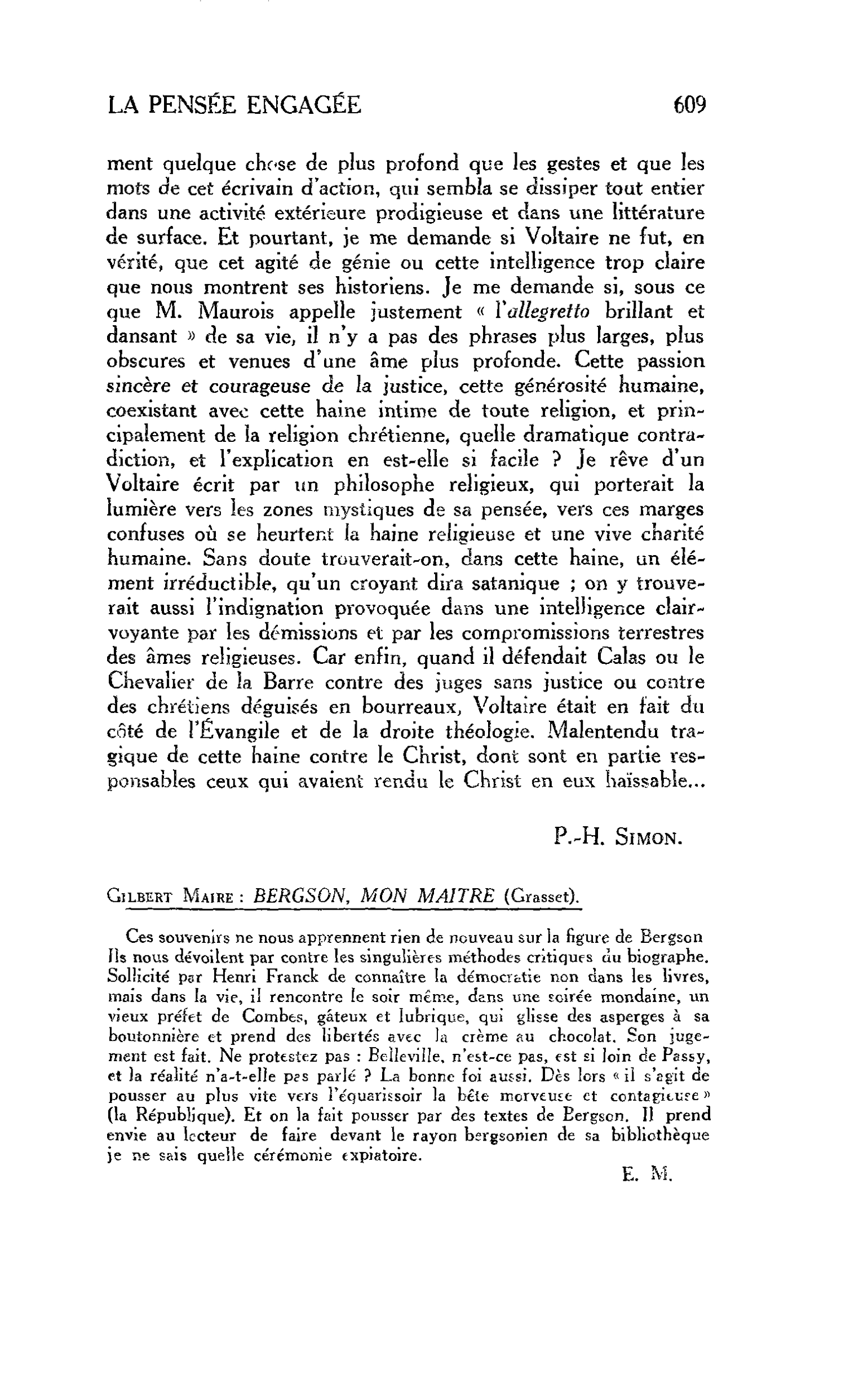 LA PENSÉE ENGAGÉE. Gilbert Maire : BERGSON, MON MAITRE