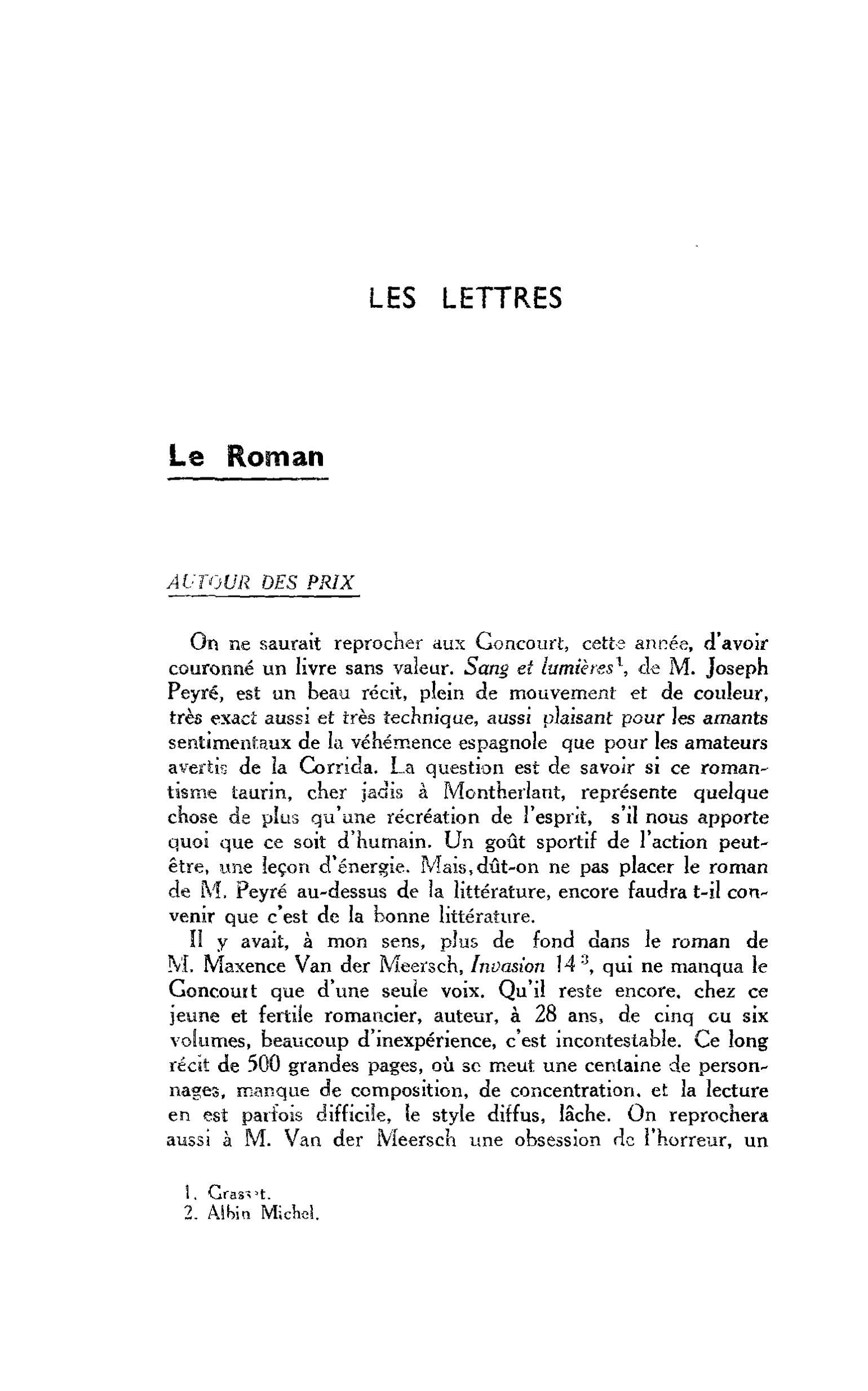 LES LETTRES. Le Roman : AUTOUR DES PRIX