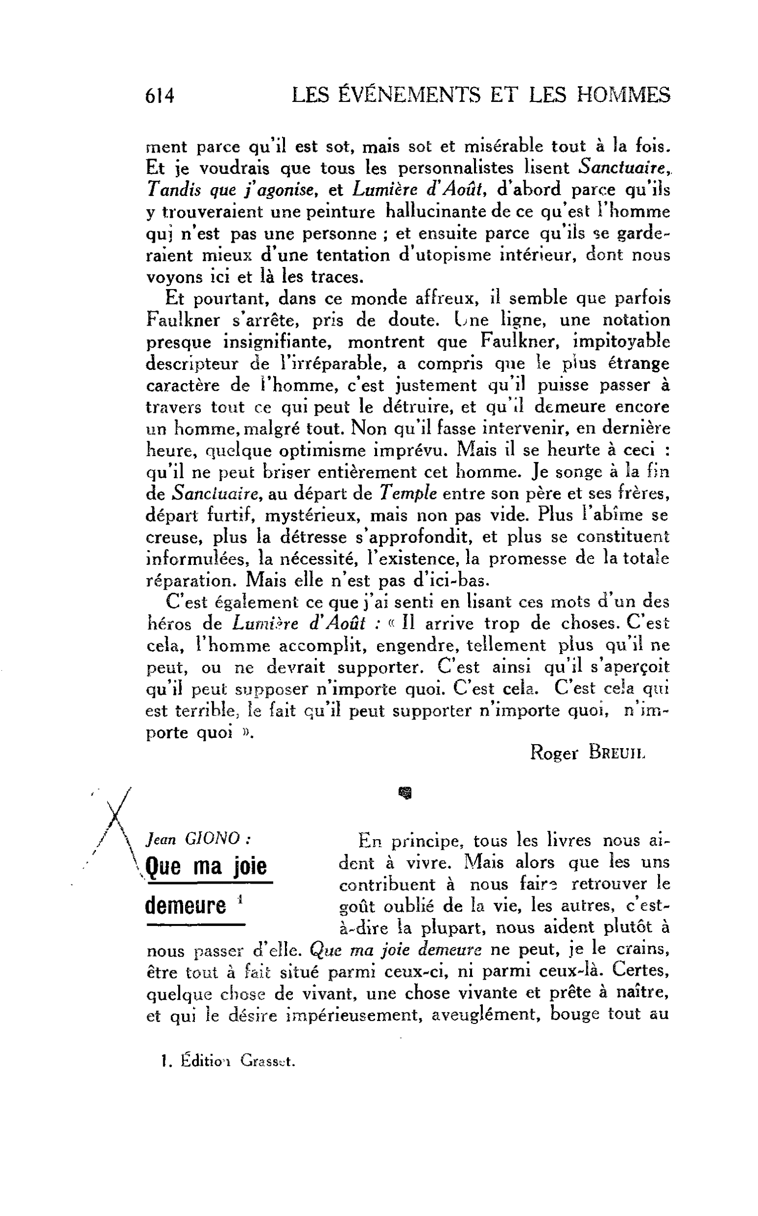 LES LETTRES. Jean GIONO : Que ma joie demeure