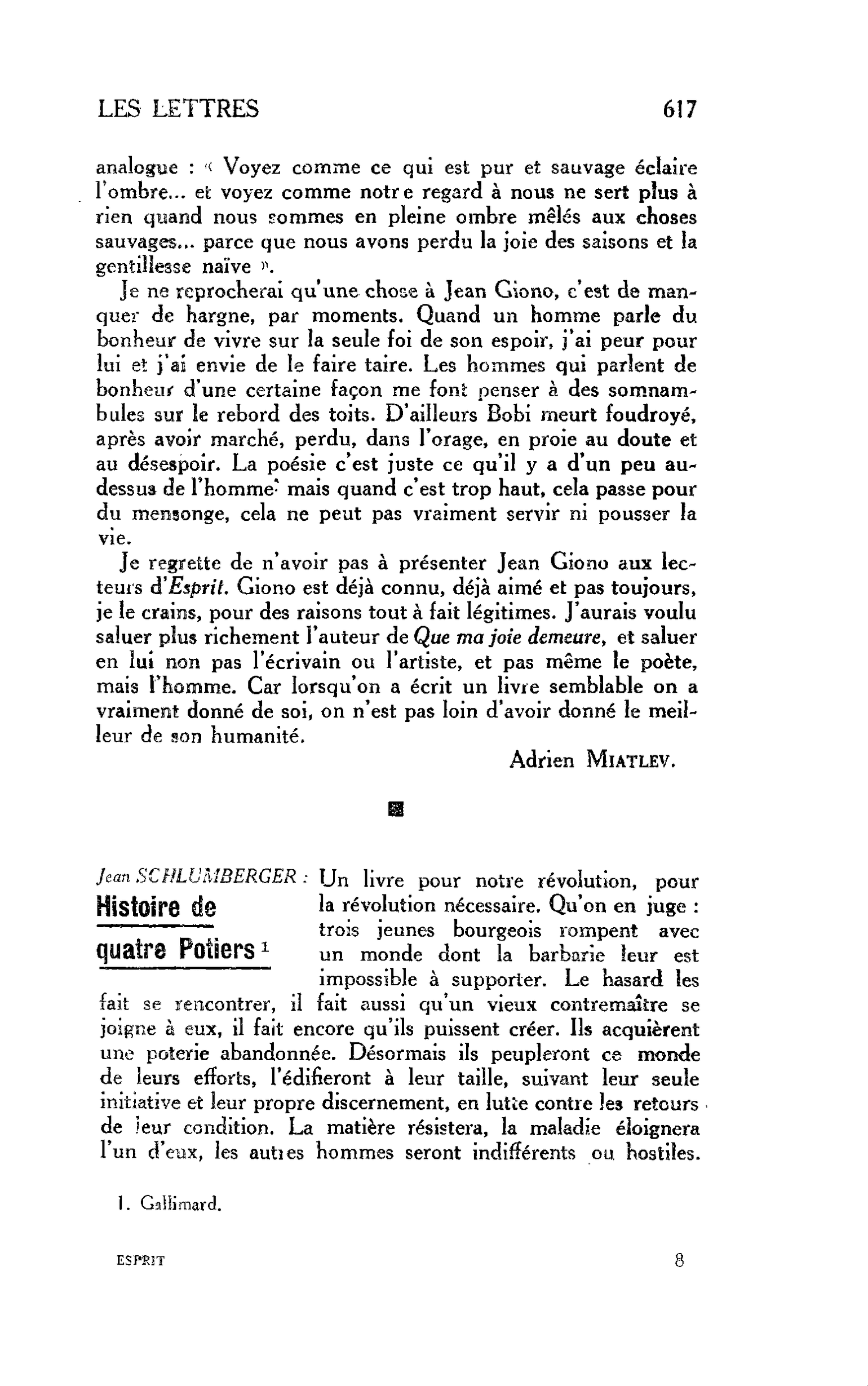 LES LETTRES. Jean SCHLUMBERCER : Histoire de quatre Potiers