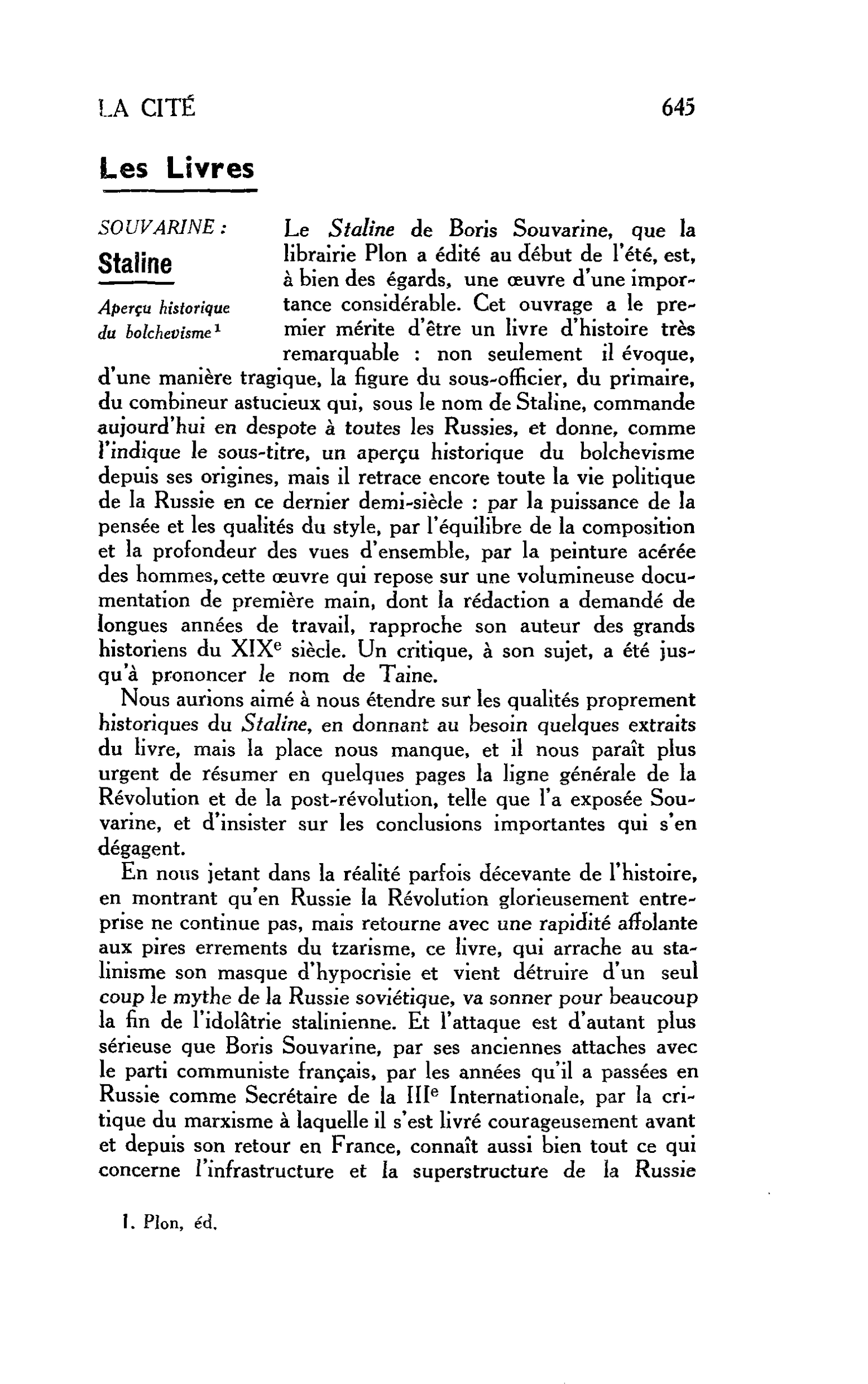 LA CITÉ. Les Livres. SOUVARINE : Staline Aperçu historique du bolchevisme