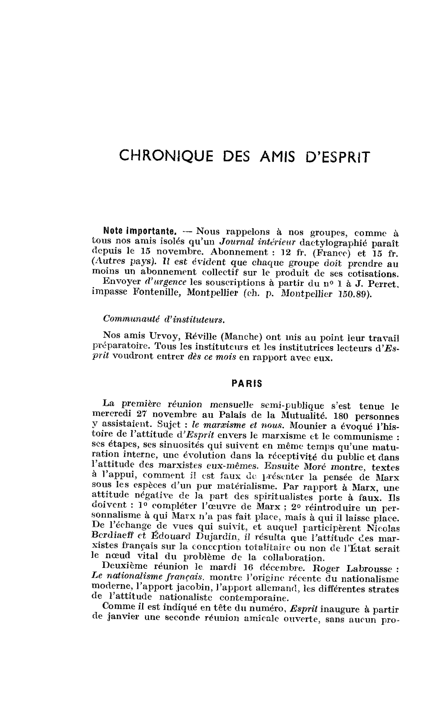 CHRONIQUE DES AMIS D’ESPRIT
