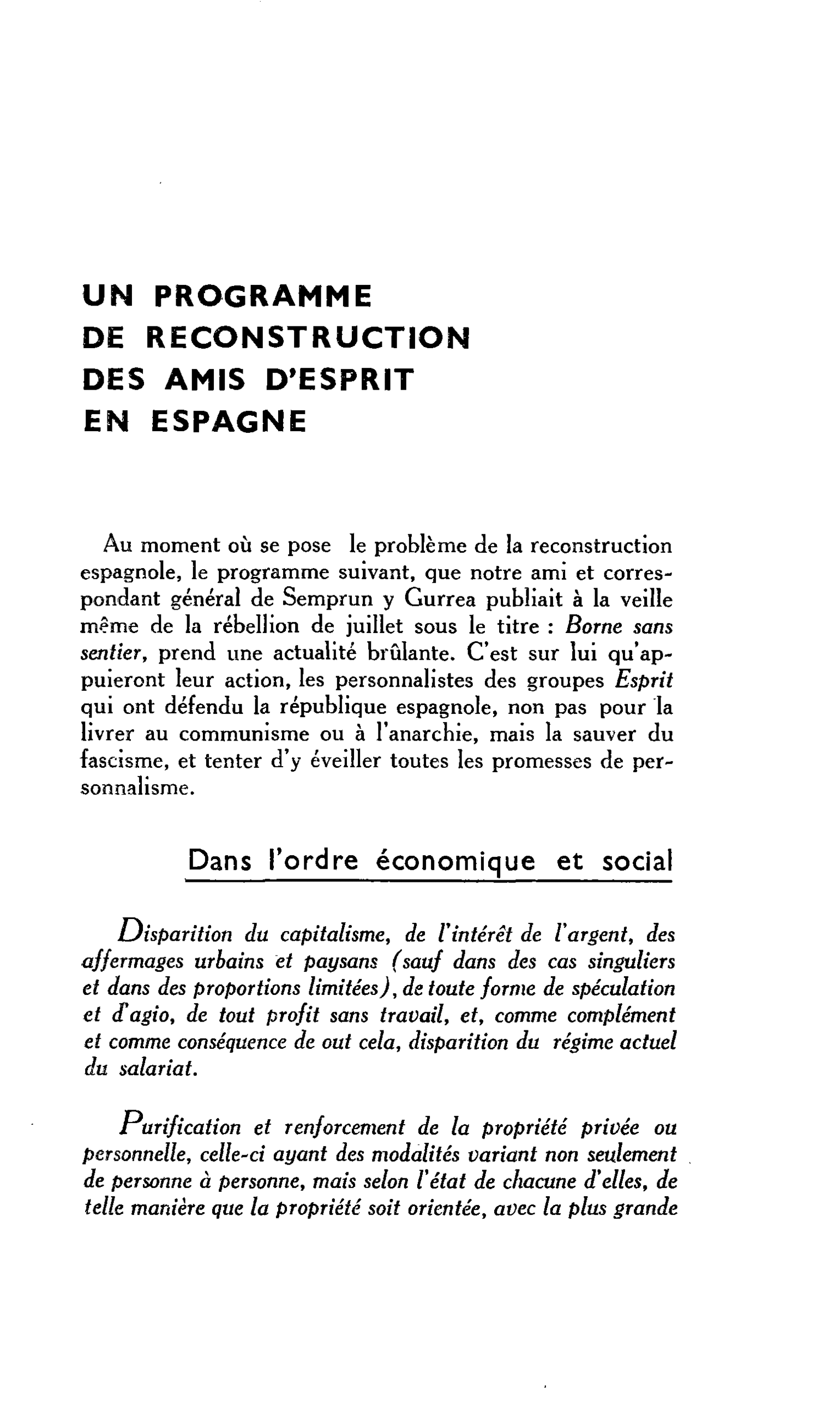 UN PROGRAMME DE RECONSTRUCTION. DES AMIS D’ESPRIT EN ESPAGNE