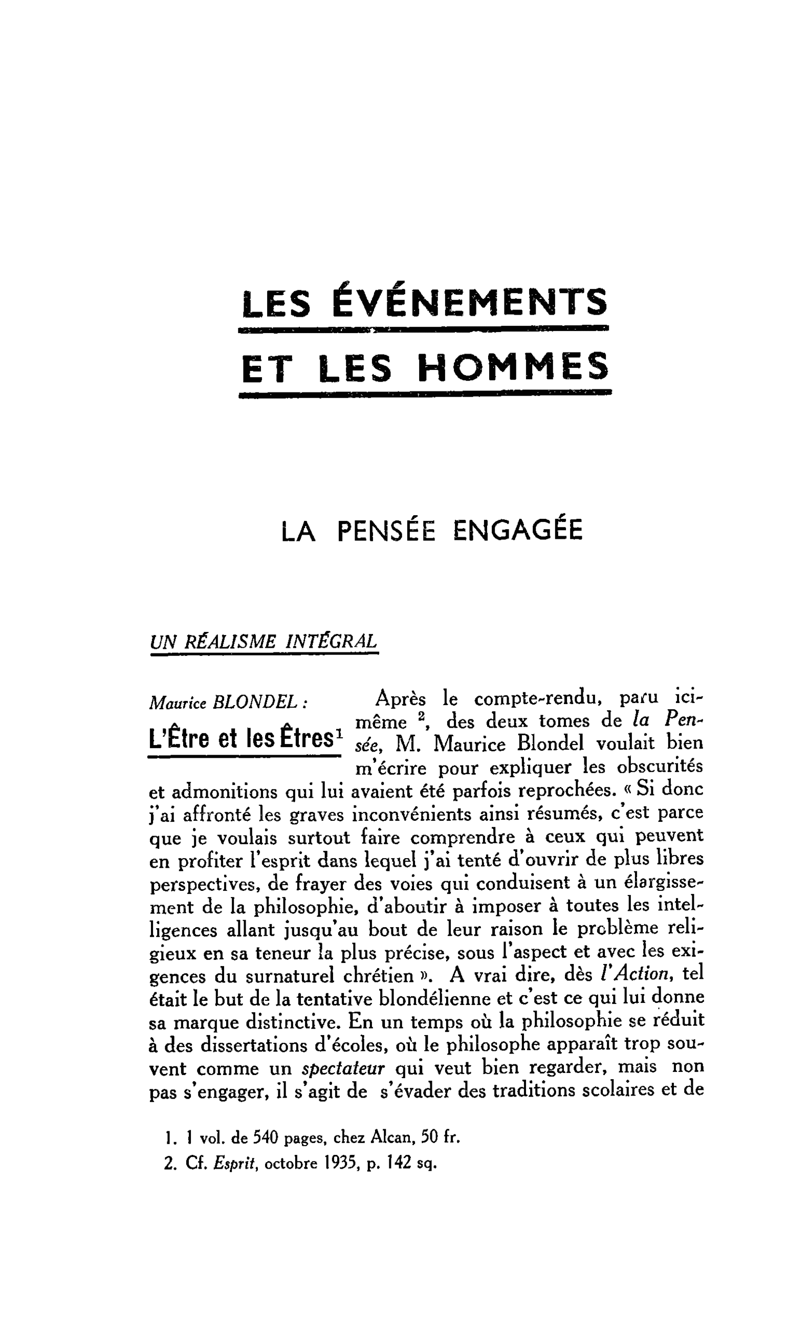 La pensée engagée. Maurice Blondel : L’Être et les Êtres