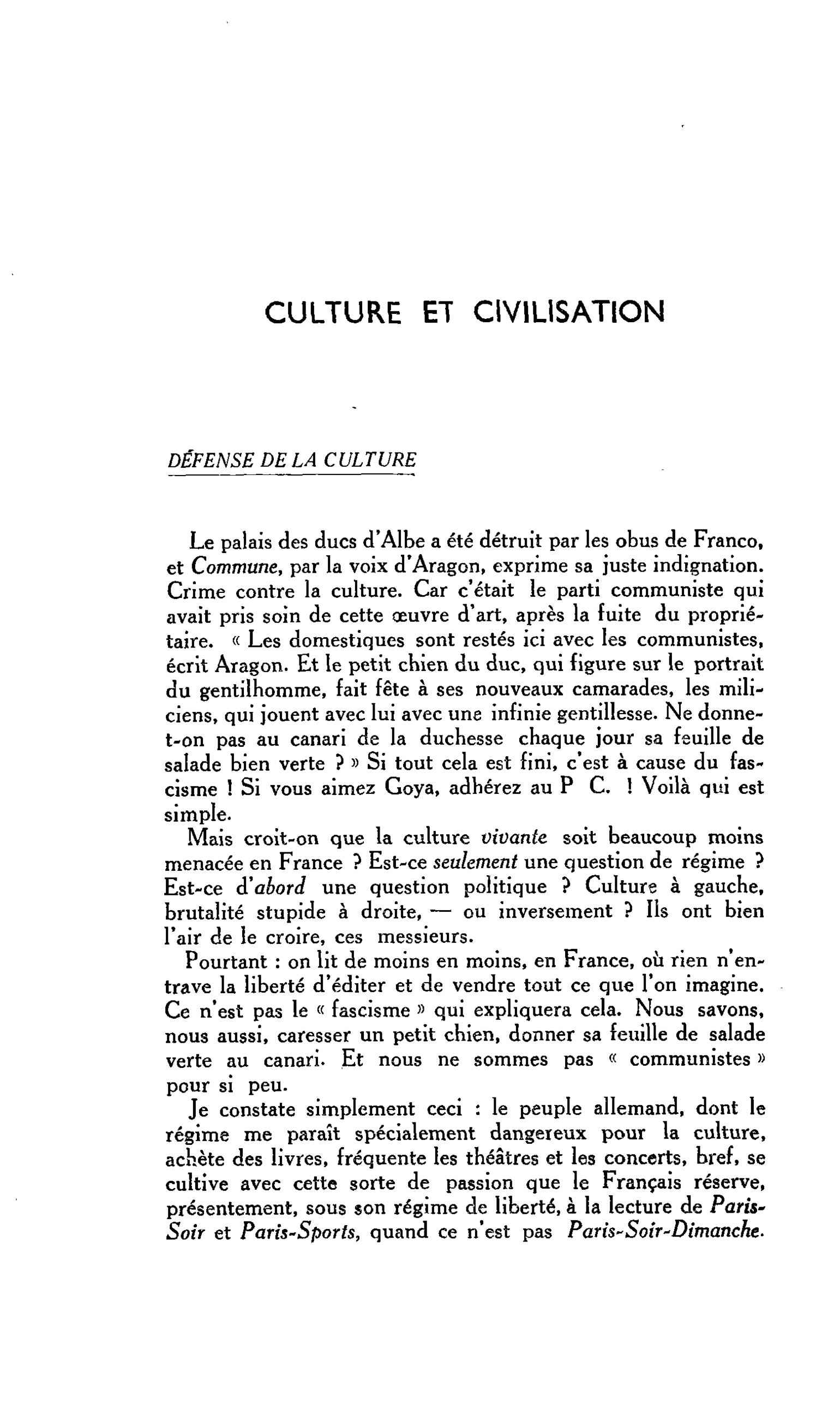 CULTURE ET CIVILISATION DÉFENSE DE LA CULTURE