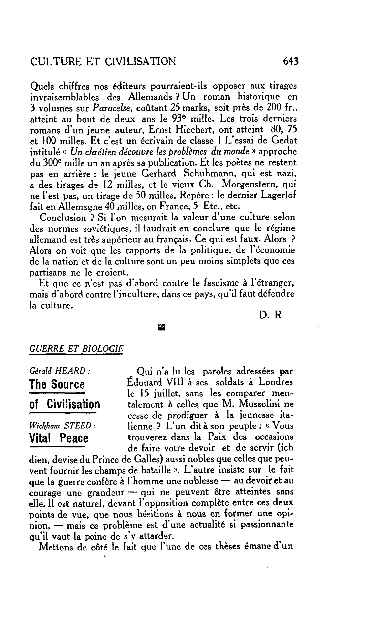 CULTURE ET CIVILISATION : GUERRE ET BIOLOGIE. Gérald HEARD : The Source of Civilisation. Wickham STEED : Vital Peace
