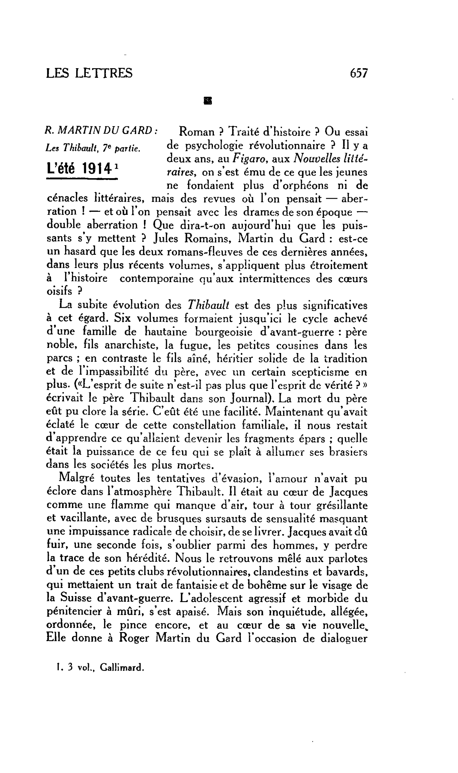 LES LETTRES. R. MARTIN DU GARD : Les Thibault, 7e partie. L’été 1914