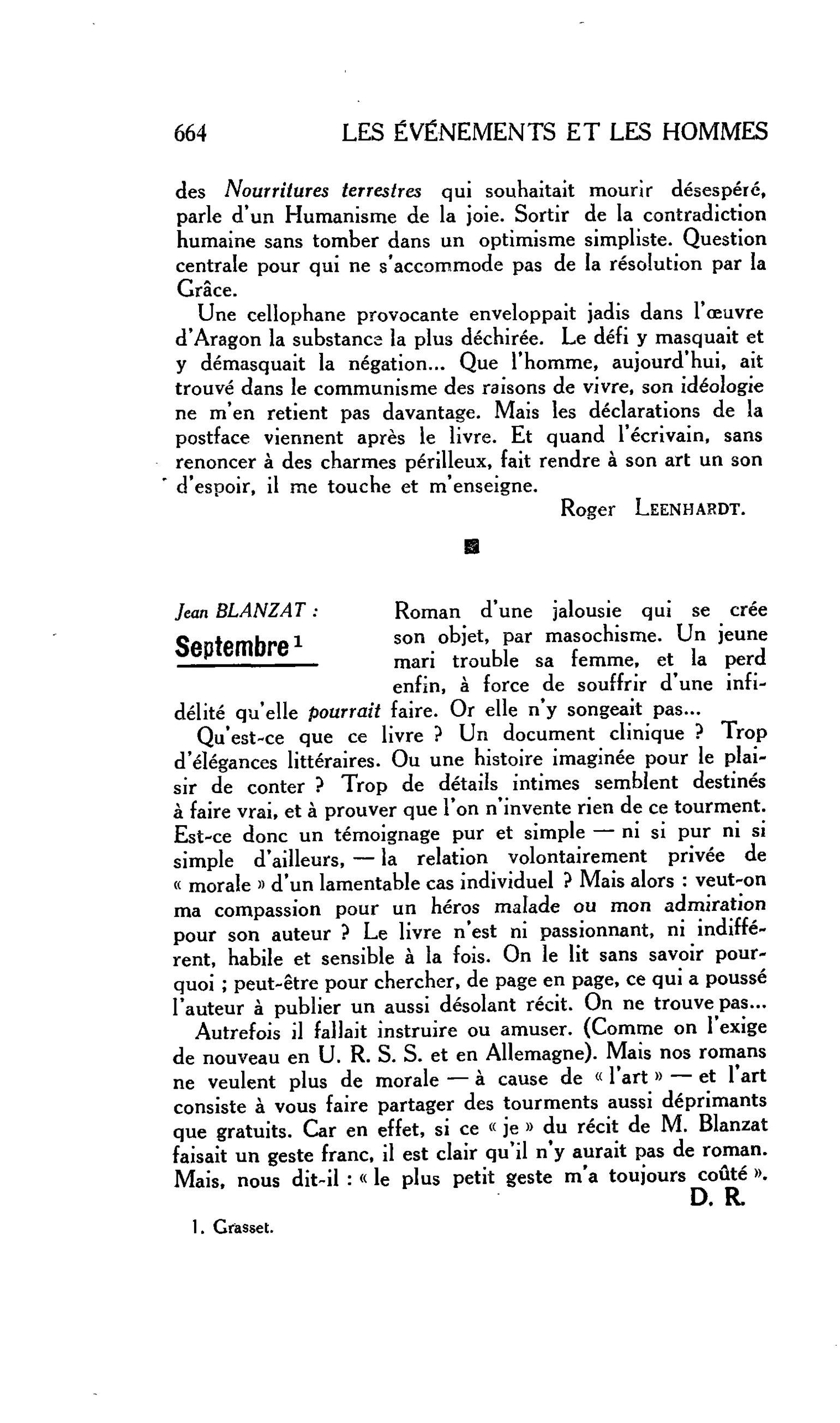 LES LETTRES. Jean BLANZAT : Septembre