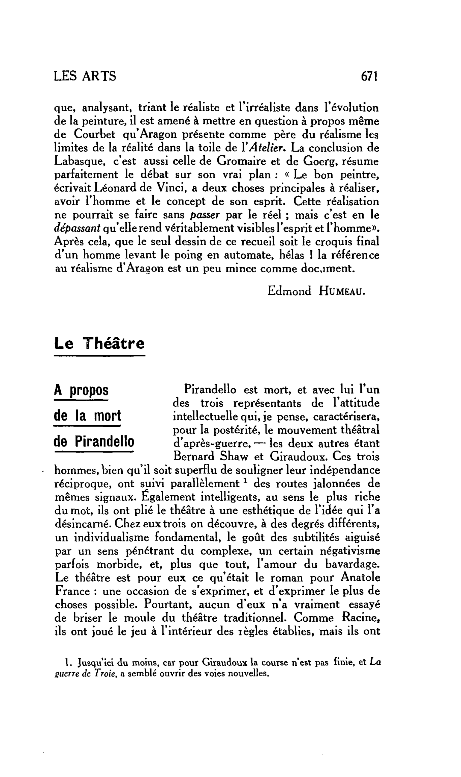 LES ARTS. Le Théâtre : A propos de la mort de Pirandello