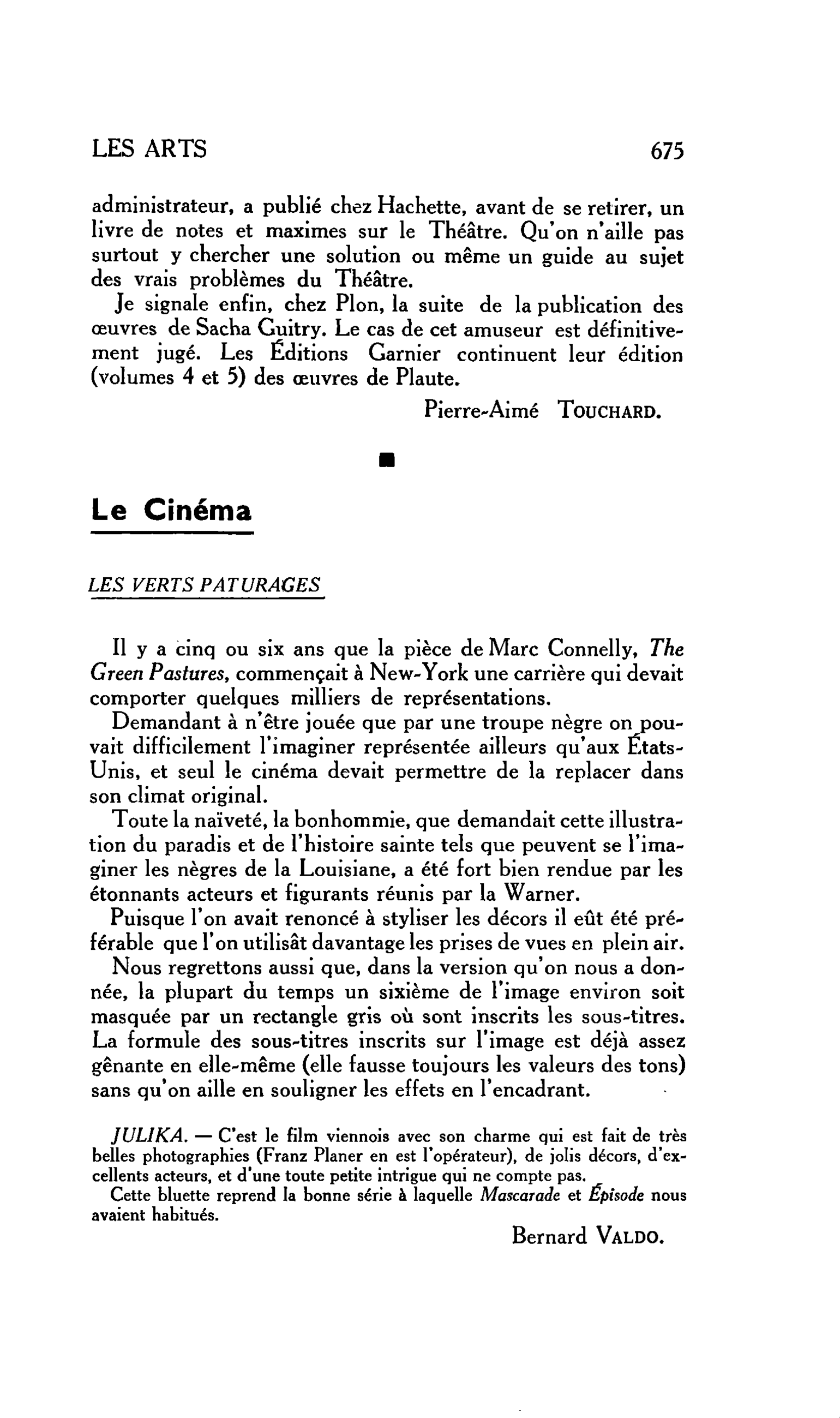 LES ARTS. Le Cinéma : LES VERTS PATURAGES