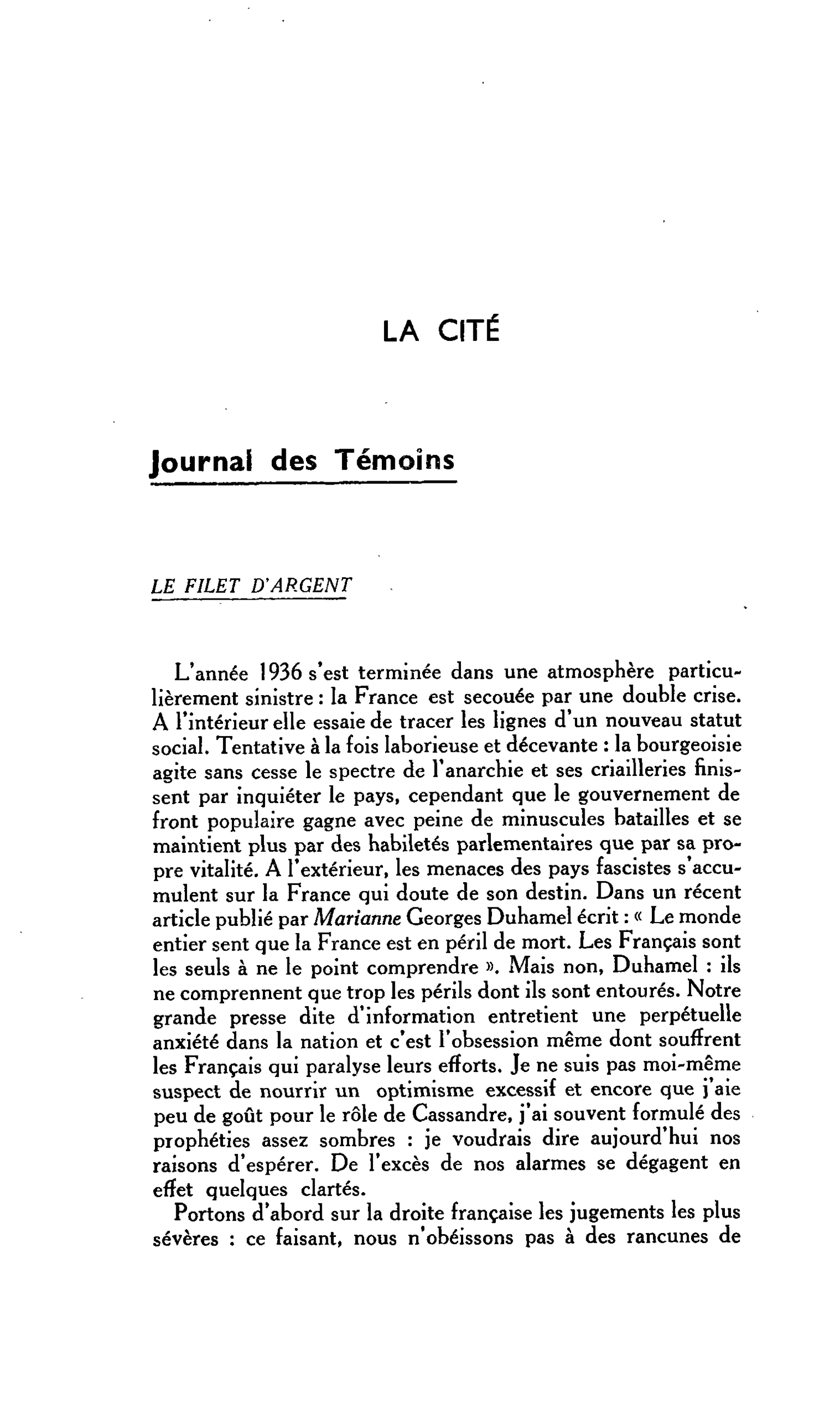 LA CITÉ. Journal des Témoins : LE FILET D’ARGENT
