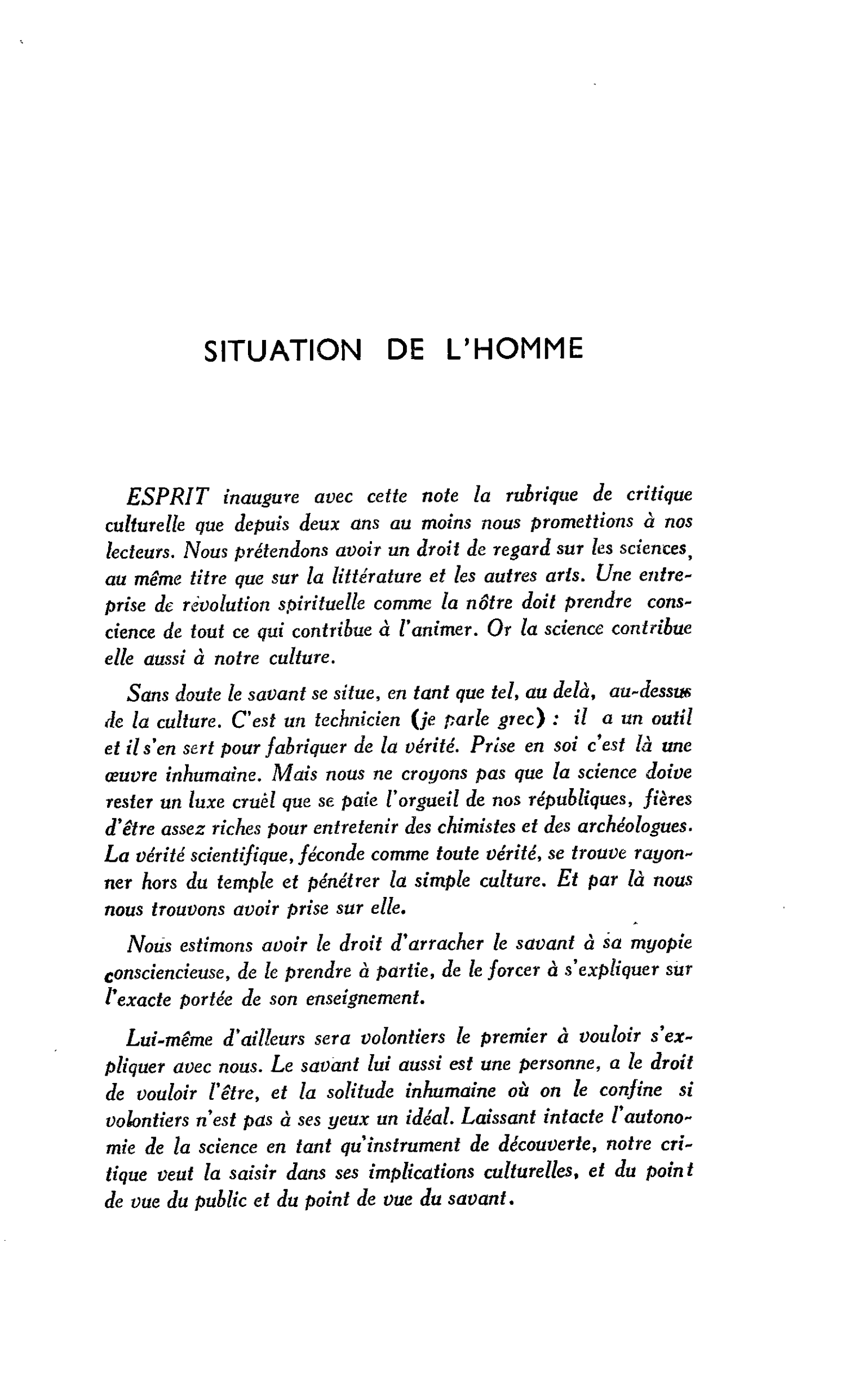 SITUATION DE L’HOMME