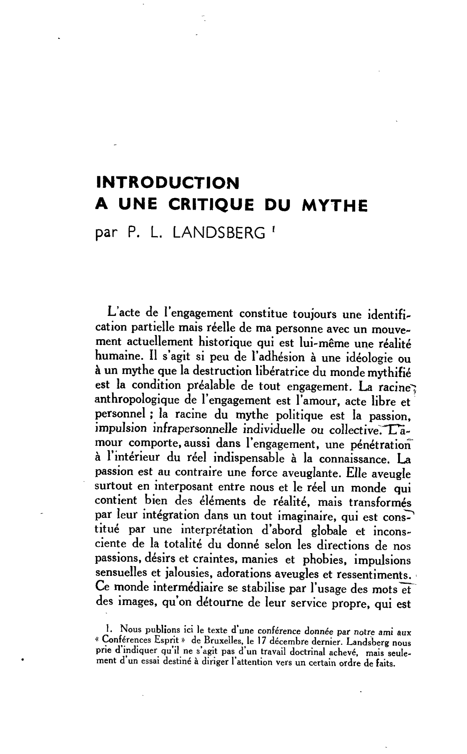 INTRODUCTION A UNE CRITIQUE DU MYTHE