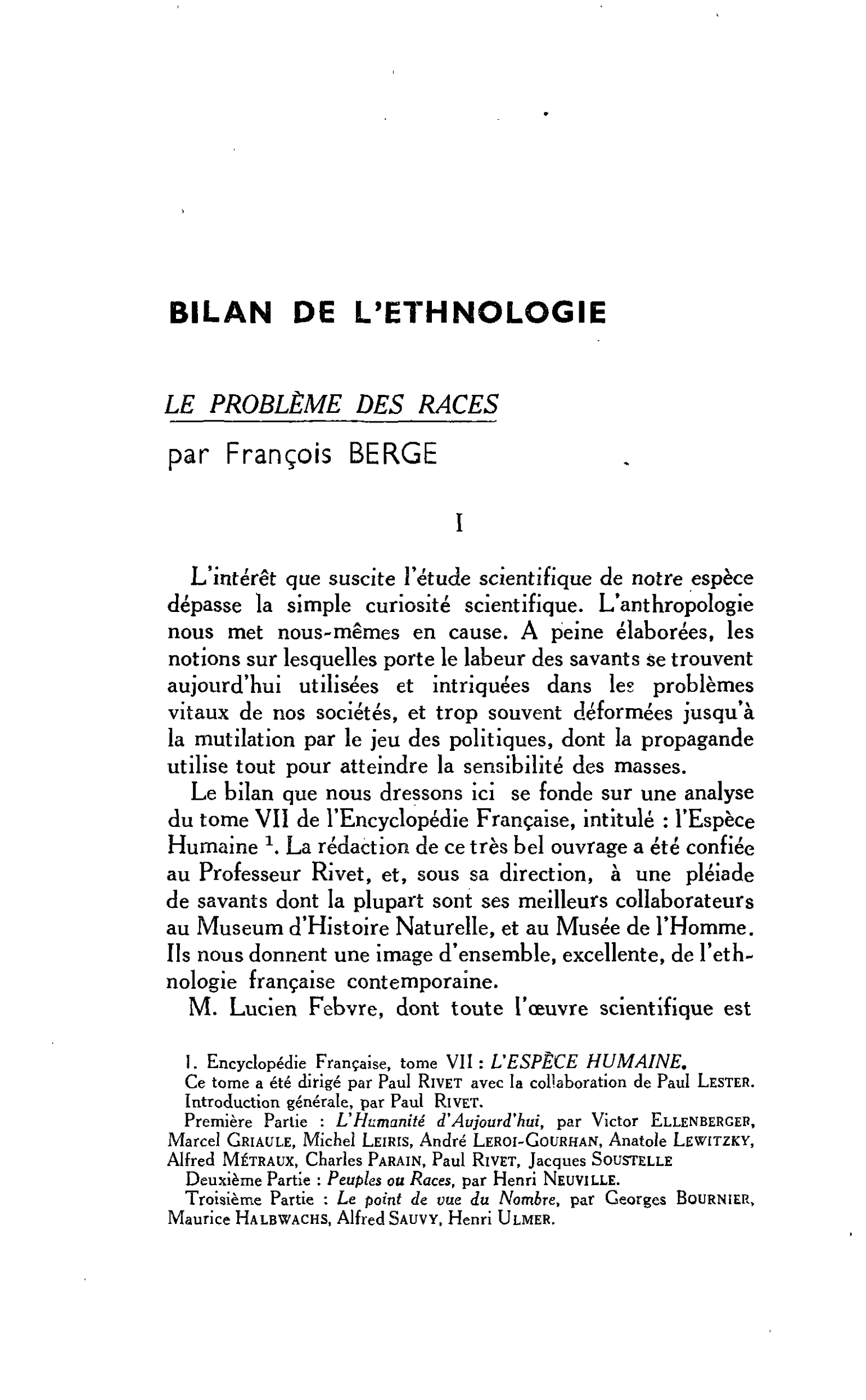 BILAN DE L’ETHNOLOGIE