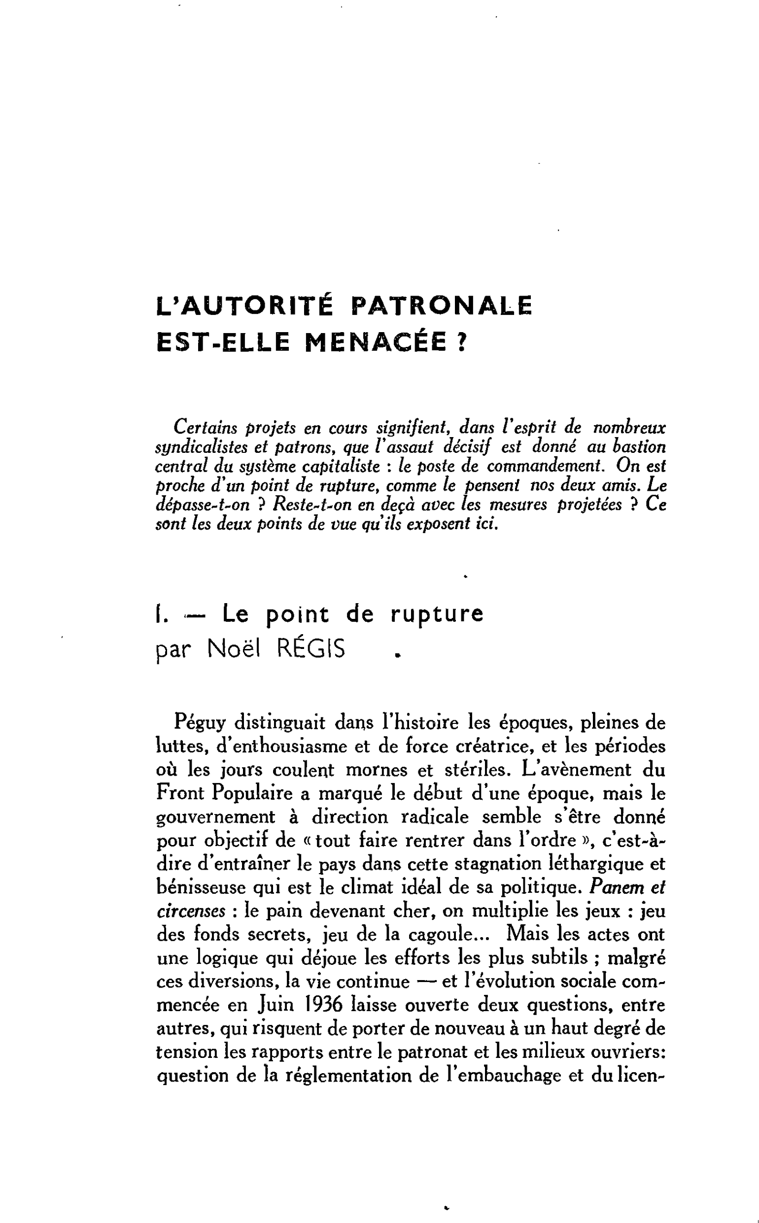 L’AUTORITÉ PATRONALE EST-ELLE MENACÉE ?