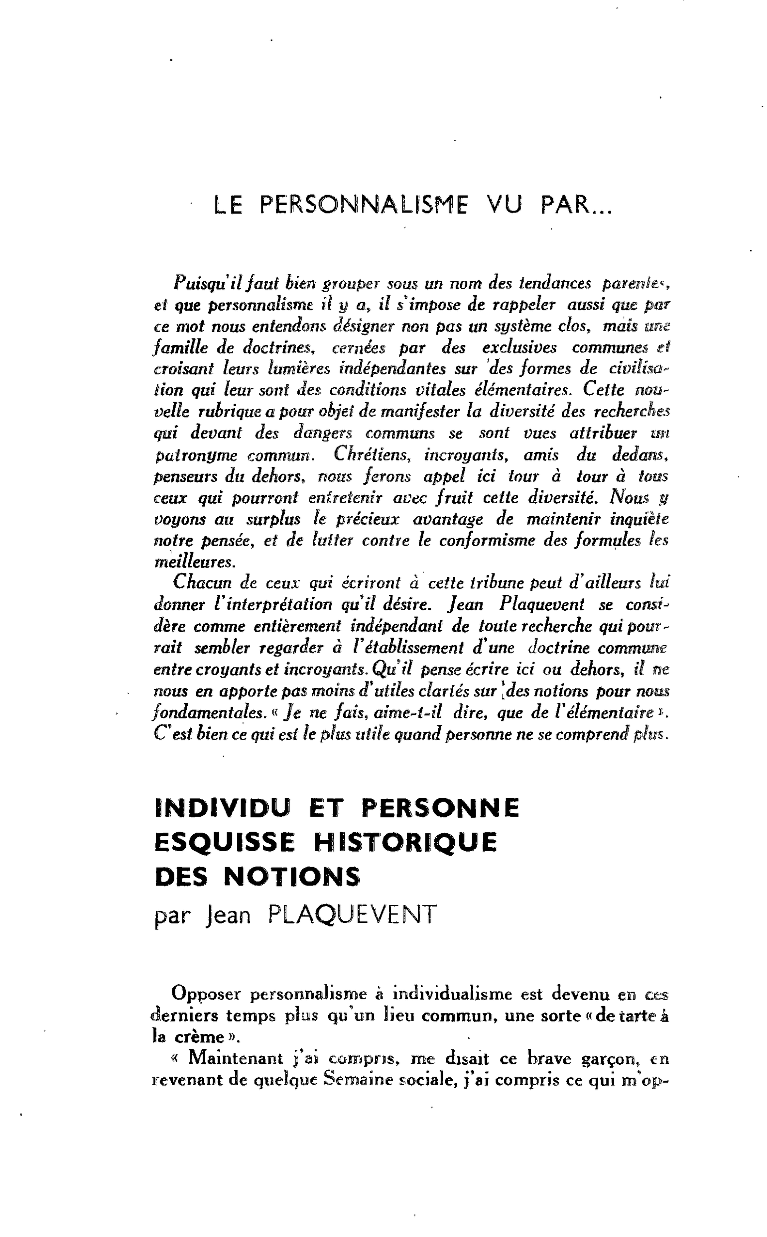 LE PERSONNALISME VU PAR… INDIVIDU ET PERSONNE ESQUISSE HISTORIQUE DES NOTIONS