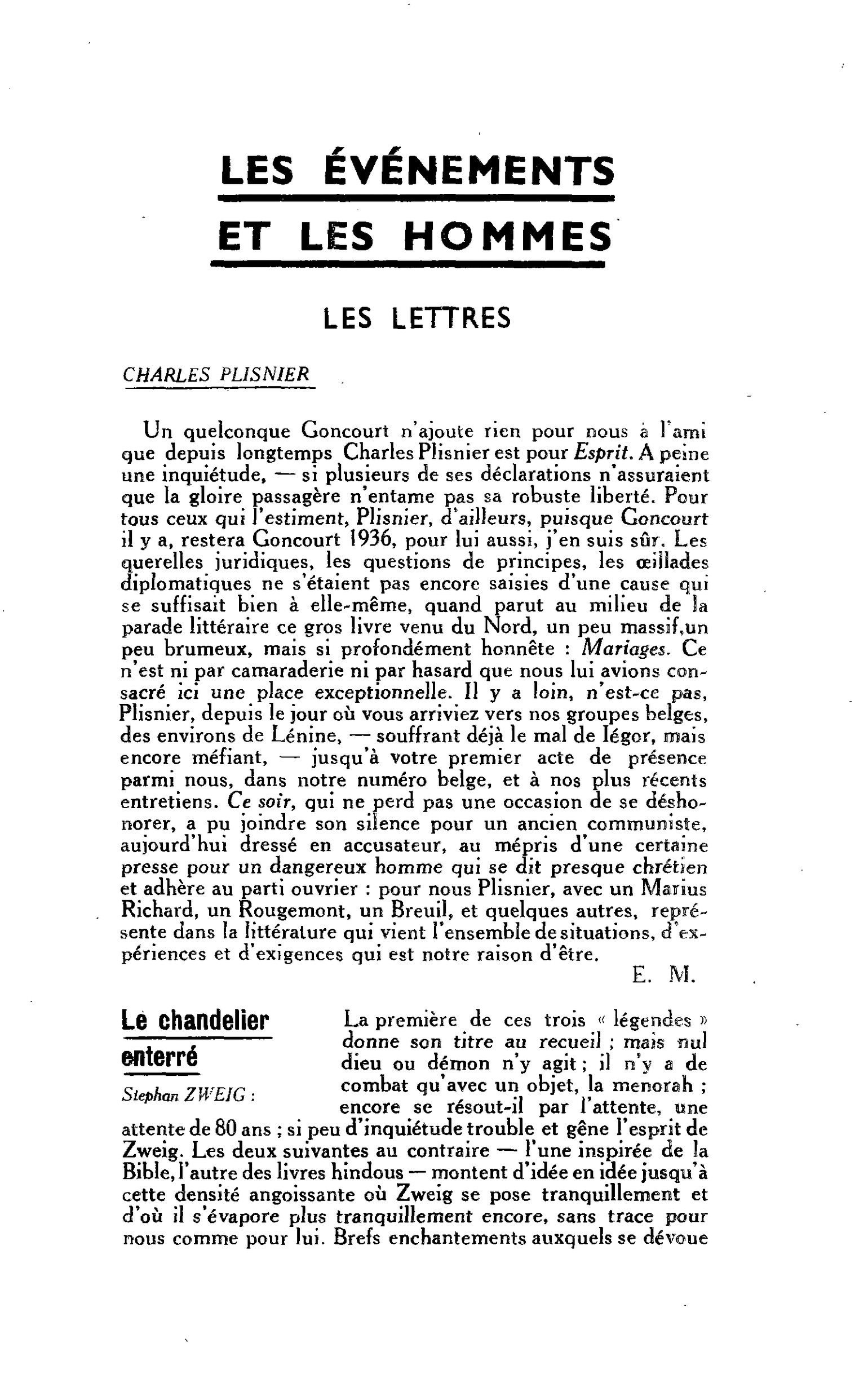 LES LETTRES : Le chandelier enterré Stephan ZWEIG