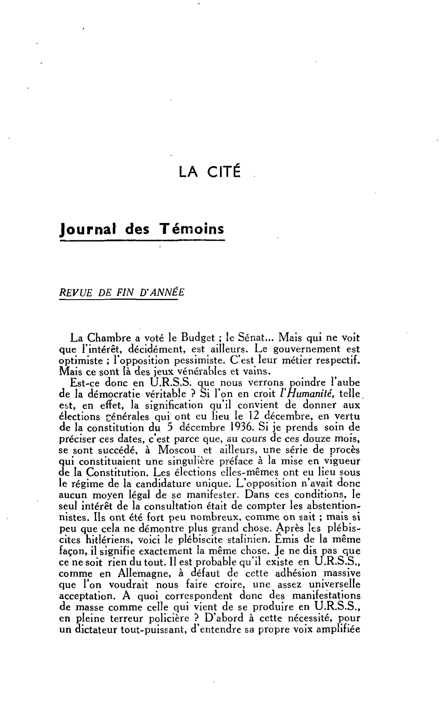LA CITÉ. Journal des Témoins : REVUE DE FIN D’ANNÉE