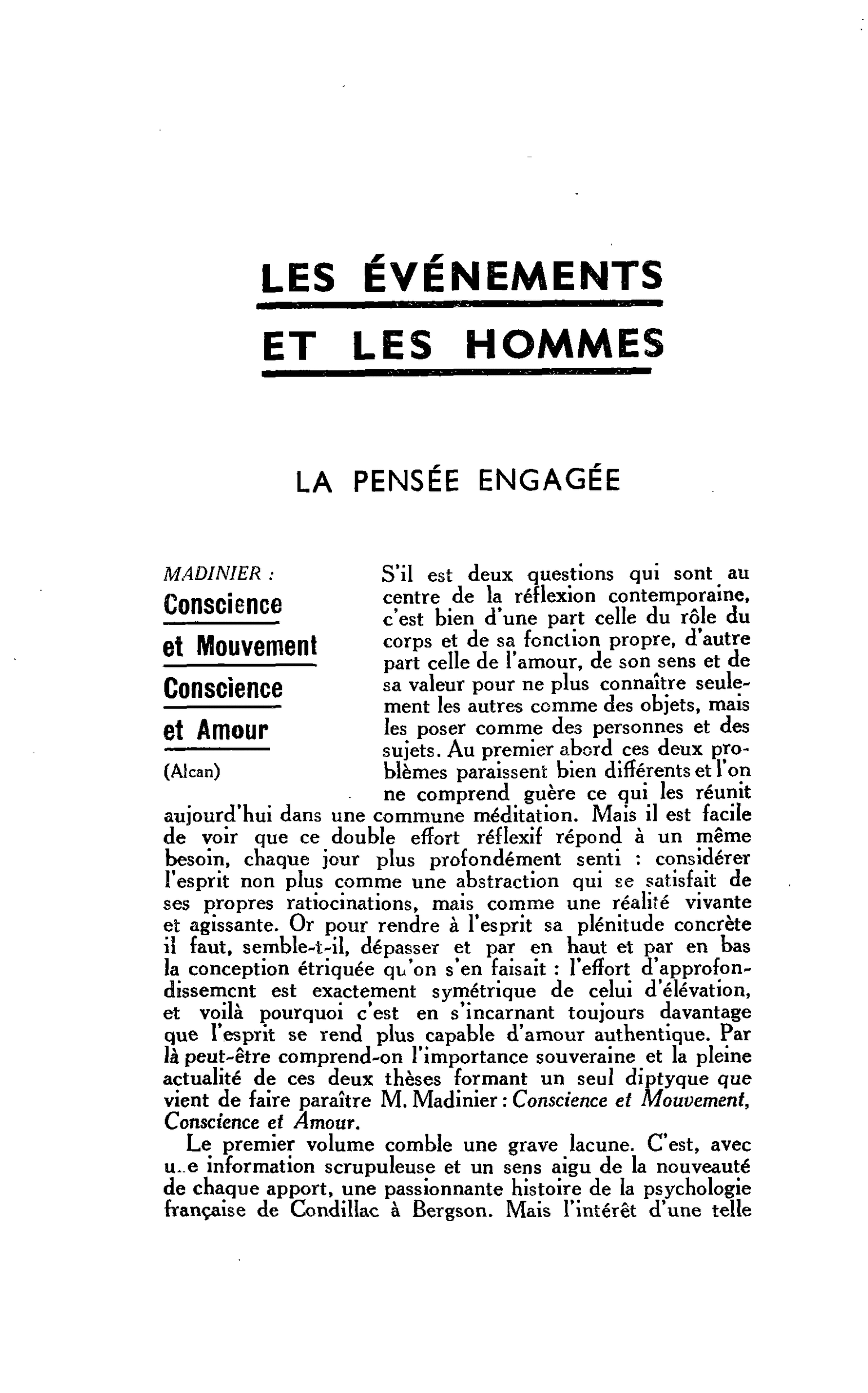 LA PENSÉE ENGAGEE. MADINIER : Conscience et Mouvement Conscience et Amour
