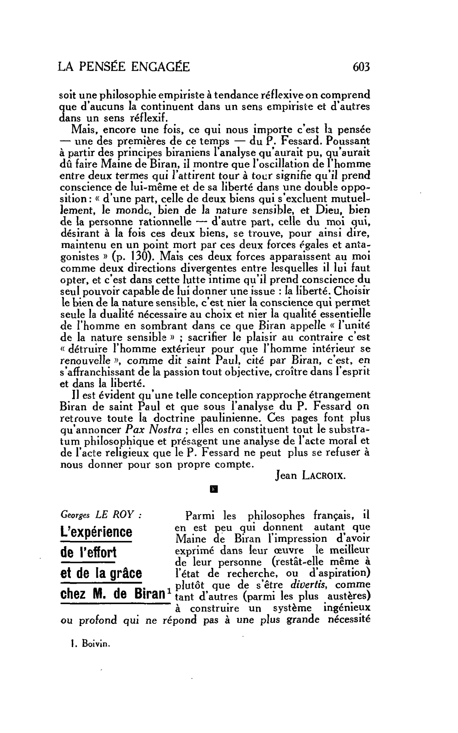 LA PENSÉE ENGAGEE. Georges LE ROY : L’expérience de l’effort et de la grâce chez M. de Biran