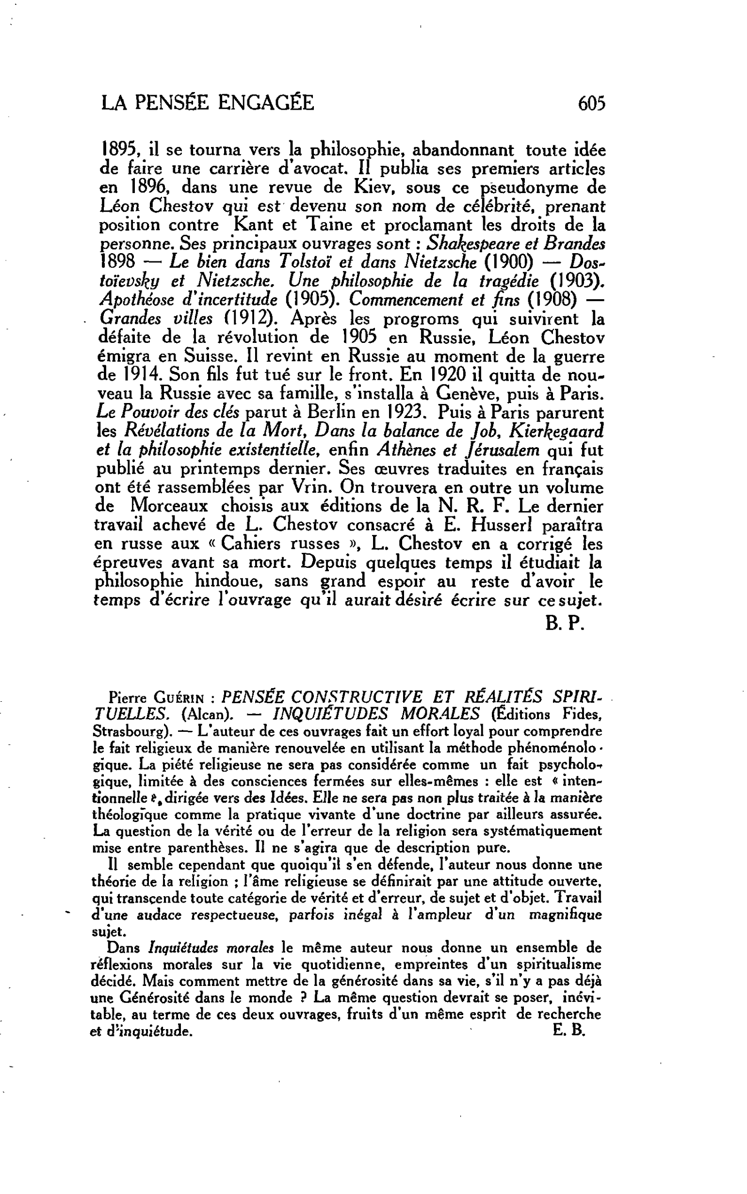 LA PENSÉE ENGAGEE. Pierre Guérin : PENSÉE CONSTRUCTIVE ET RÉALITÉS SPIRITUELLES. - INQUIÉTUDES MORALES