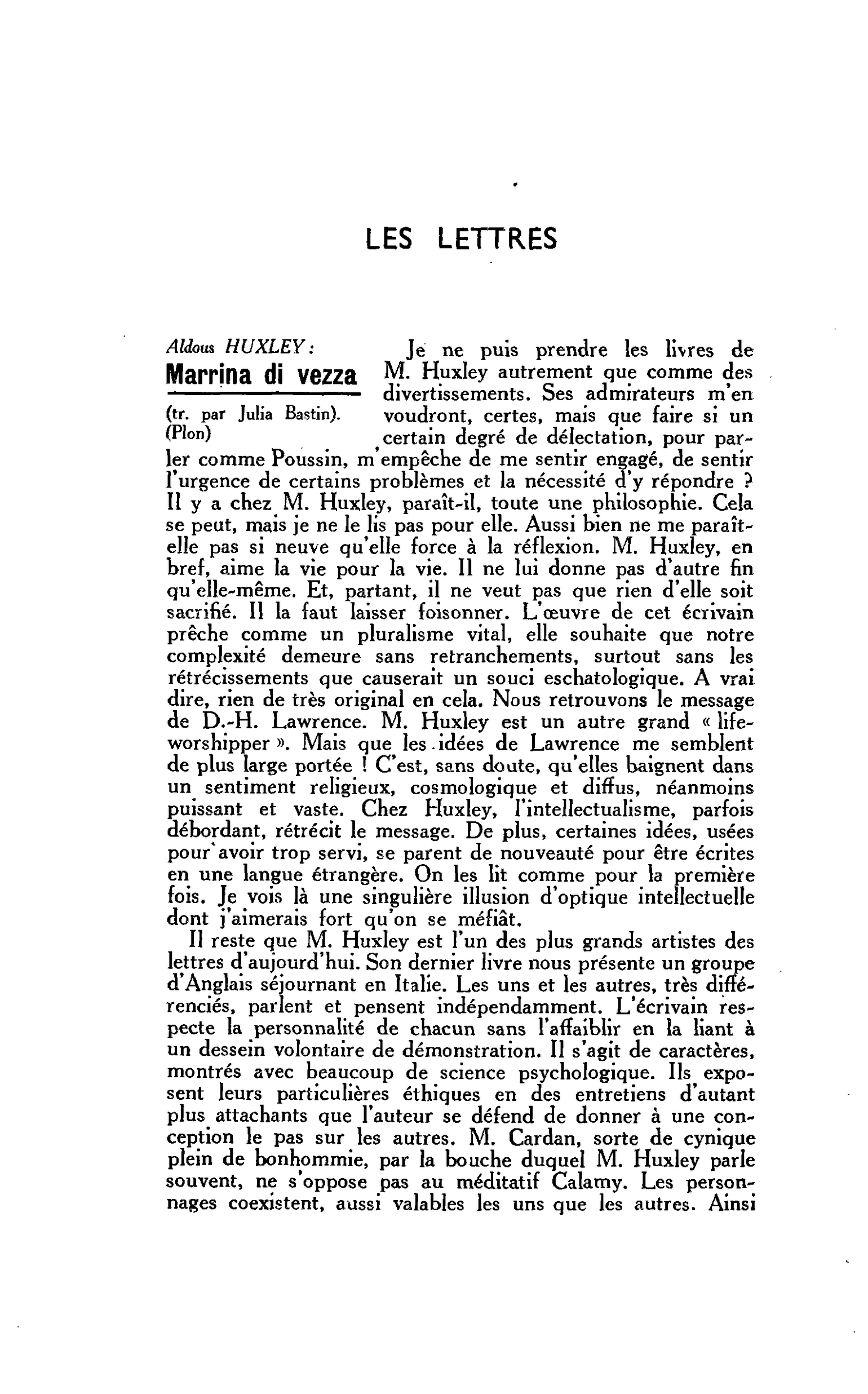LES LETTRES. Aldous HUXLEY: Marrina di vezza