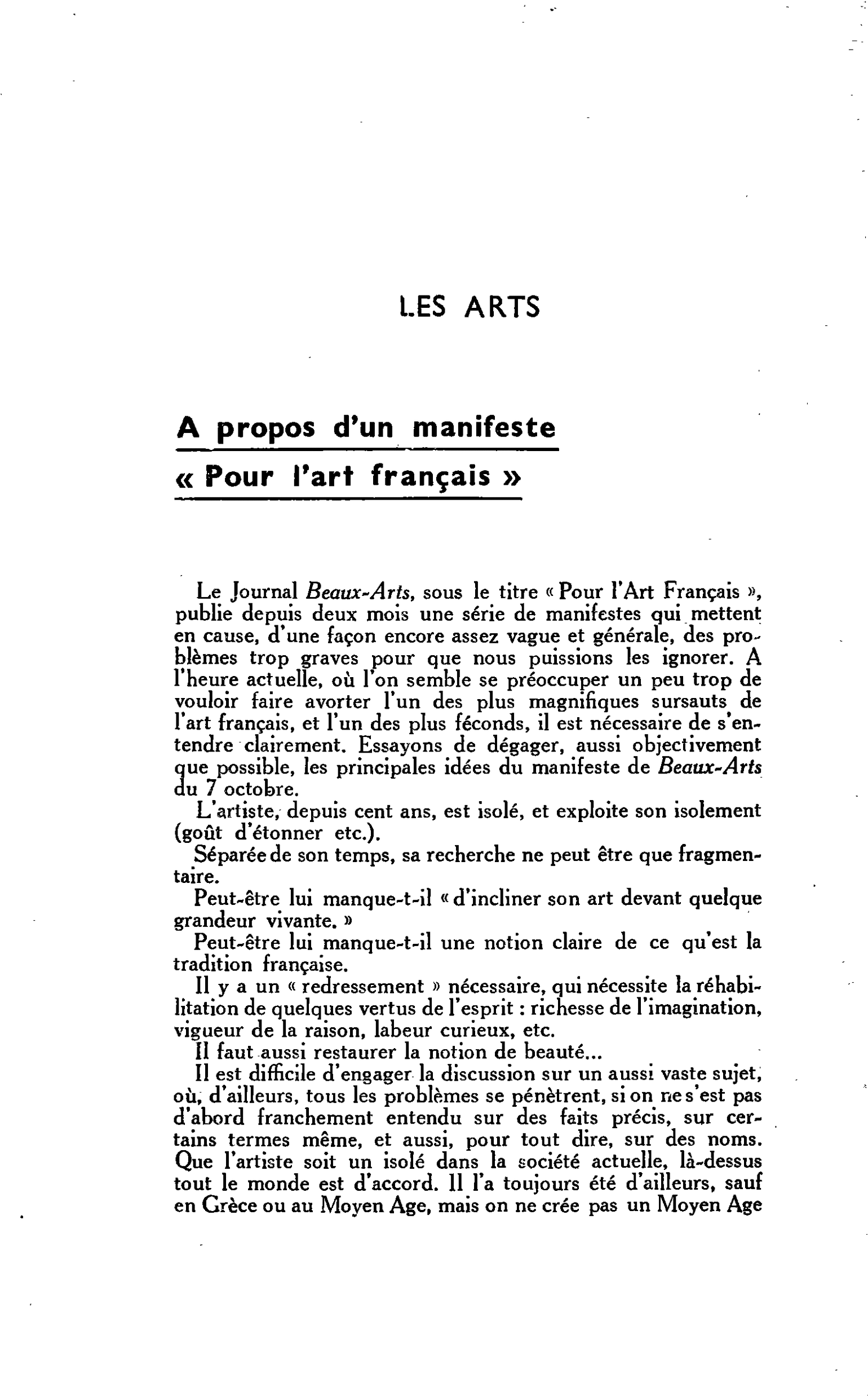 LES ARTS : A propos d’un manifeste : « Pour l’art français »