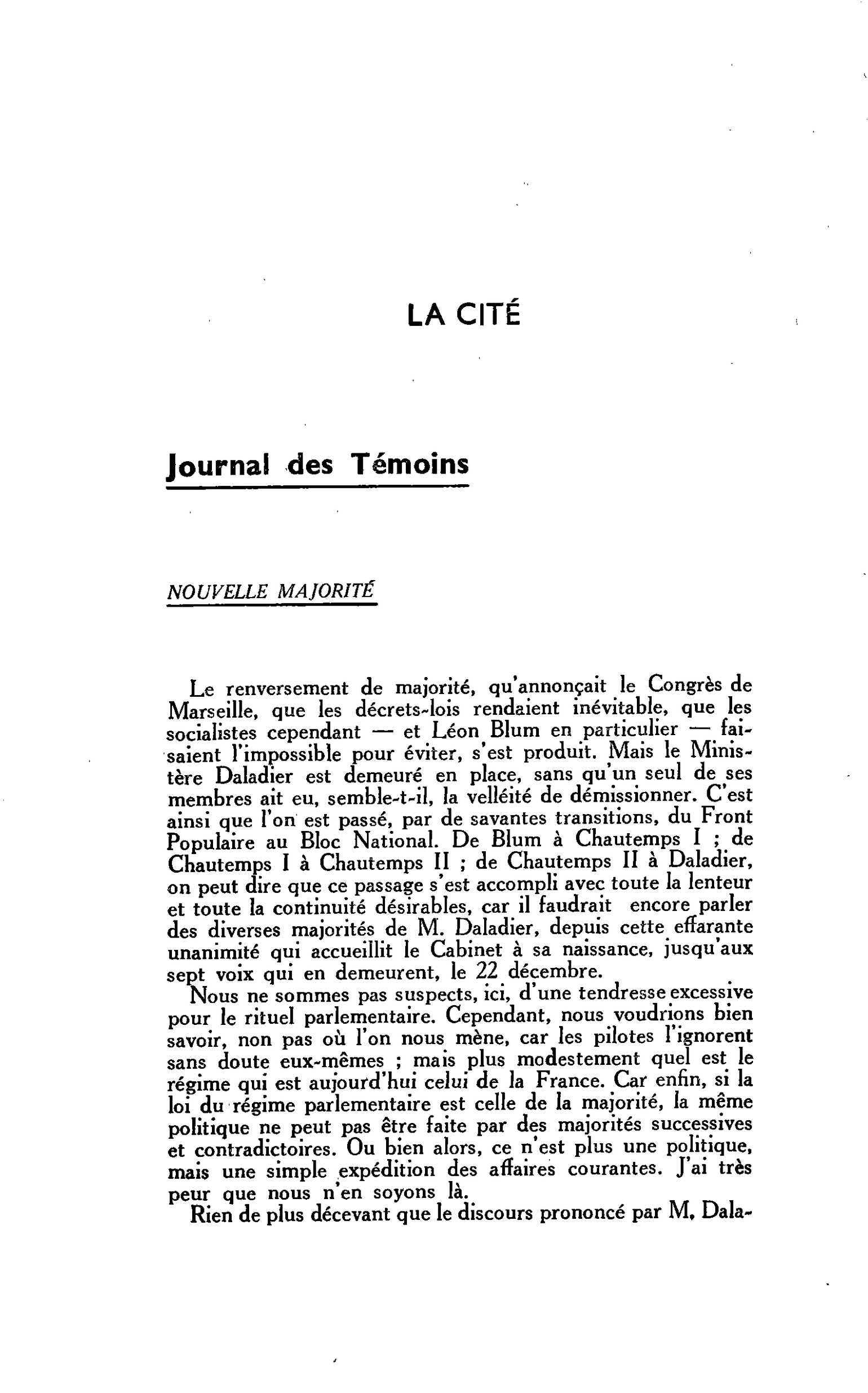LA CITÉ. Journal des Témoins : NOUVELLE MAJORITÉ