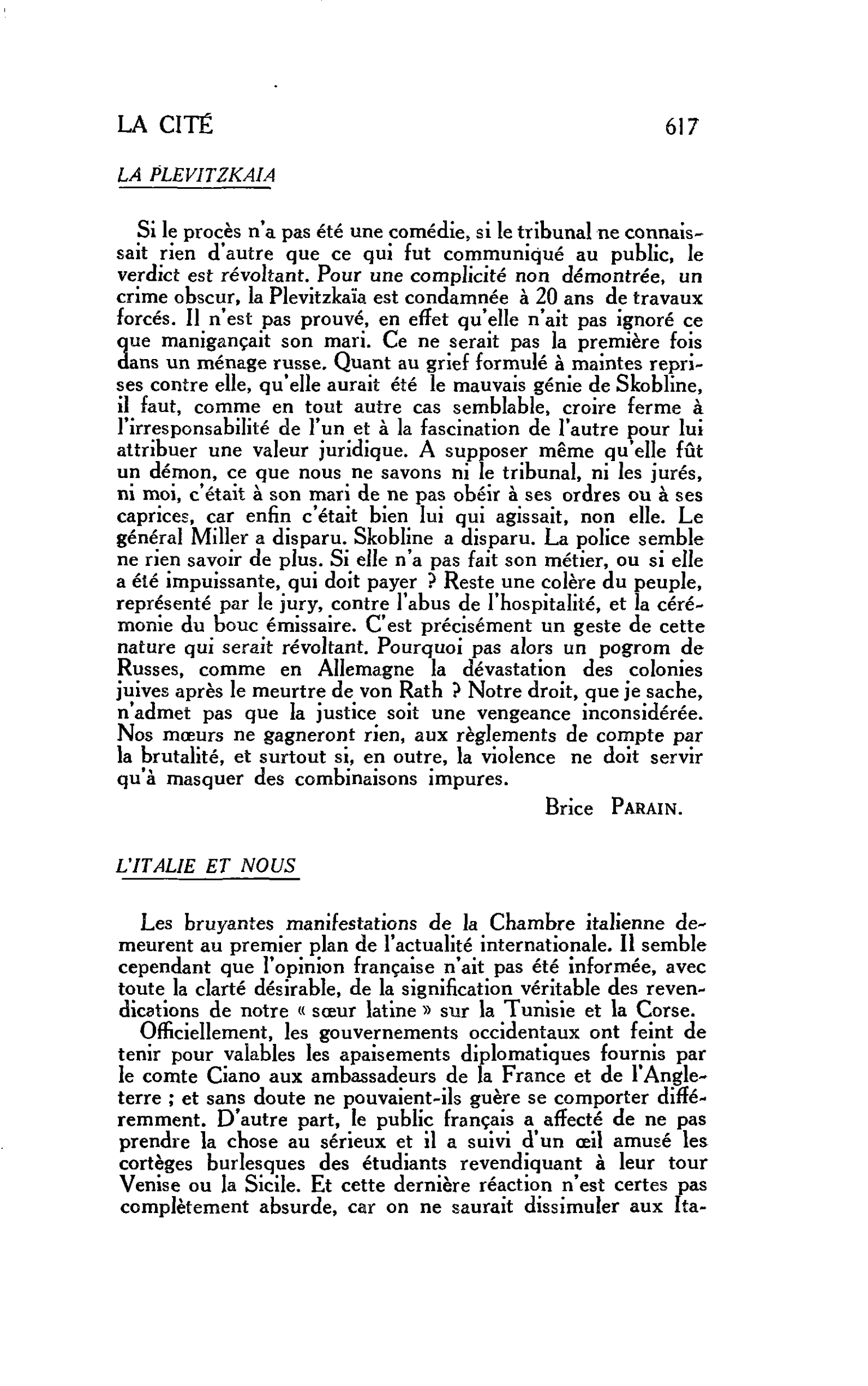 LA CITÉ : L’ITALIE ET NOUS