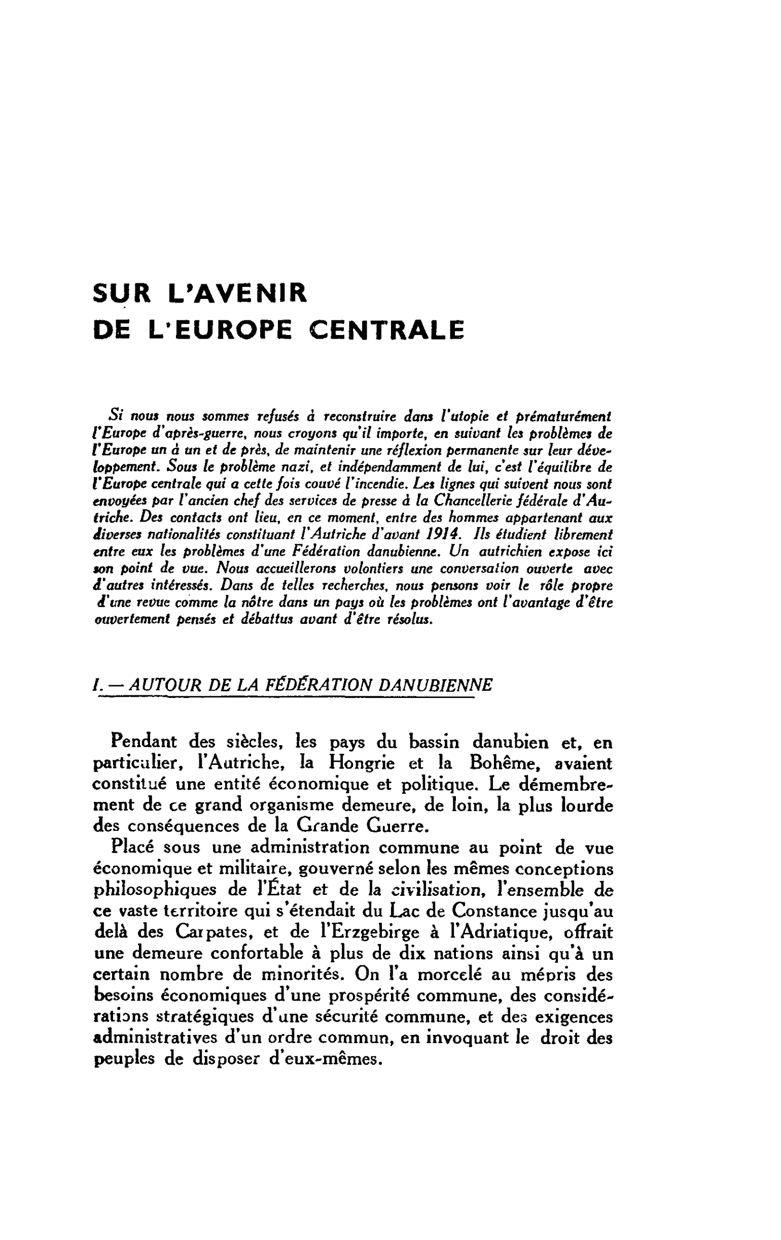 SUR L’AVENIR DE L’EUROPE CENTRALE