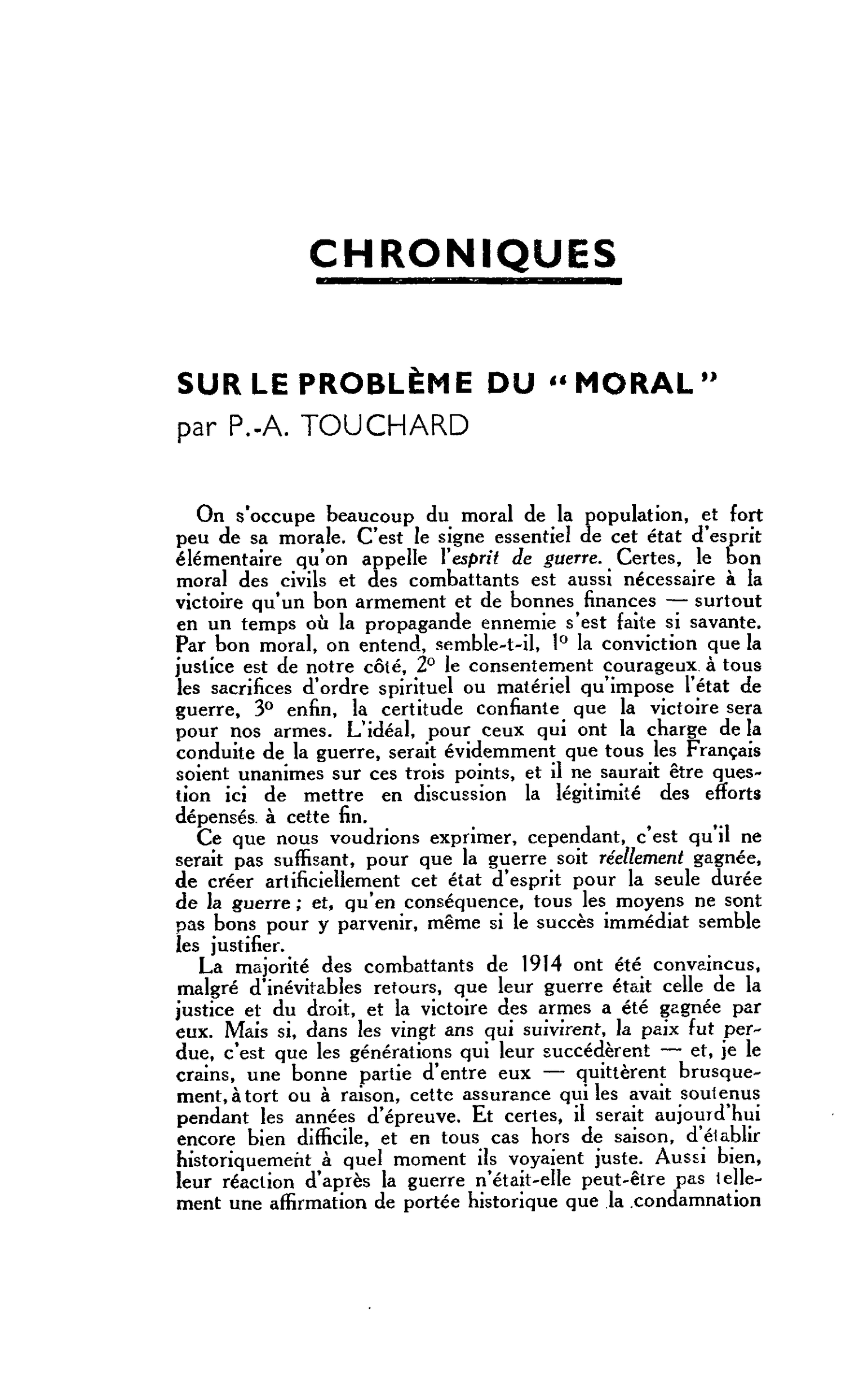 SUR LE PROBLÈME DU « MORAL »