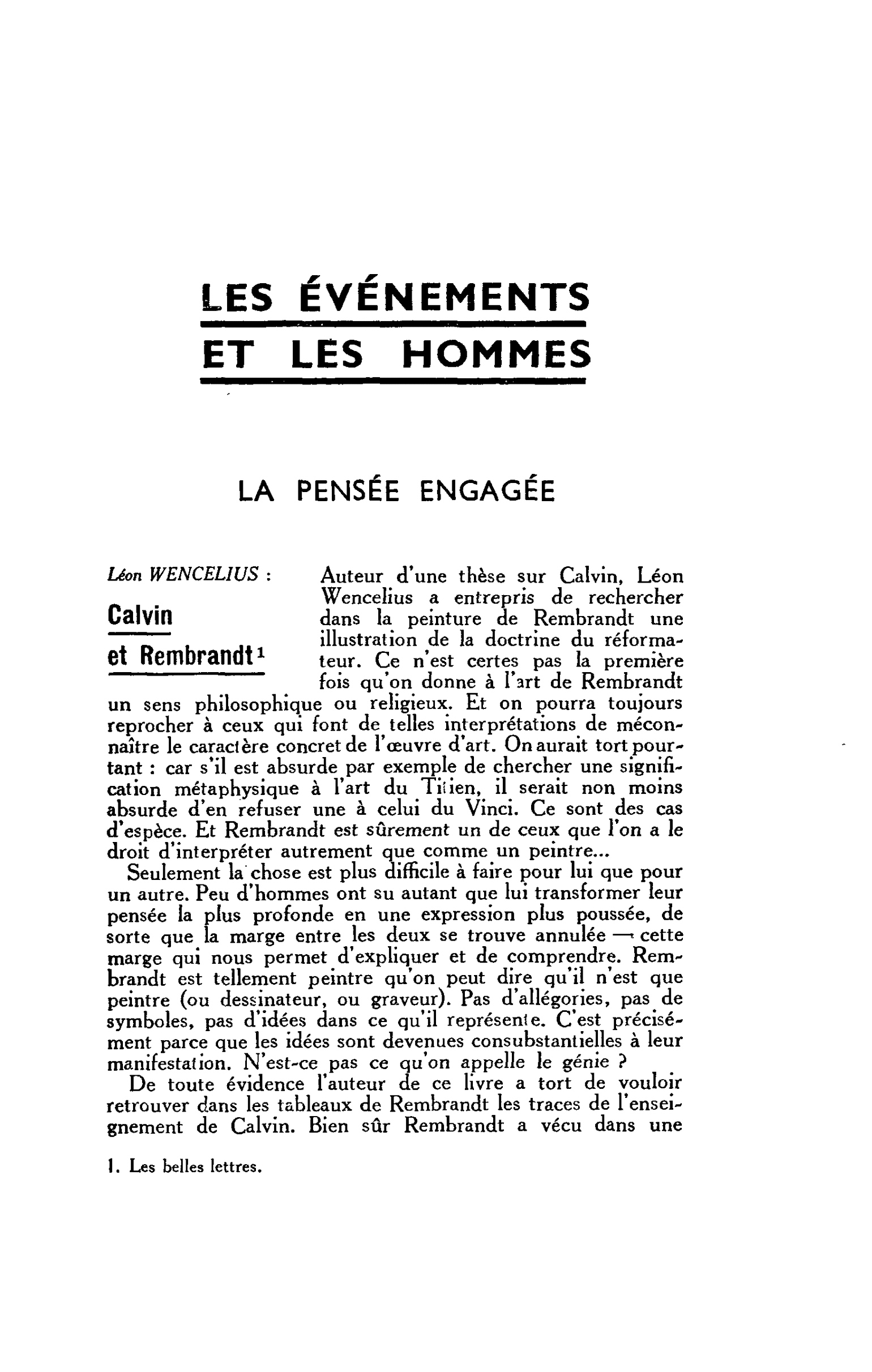 LA PENSÉE ENGAGÉE. Léon WENCELIUS : Calvin et Rembrandt