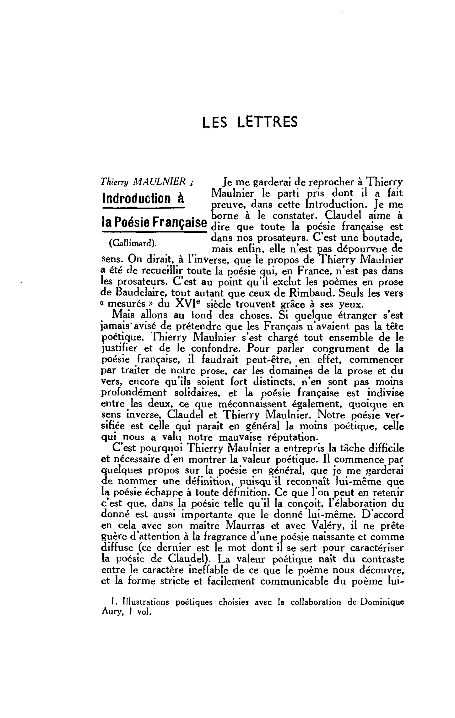LES LETTRES. Thierry MAULNIER : Indroduction à la Poésie Française