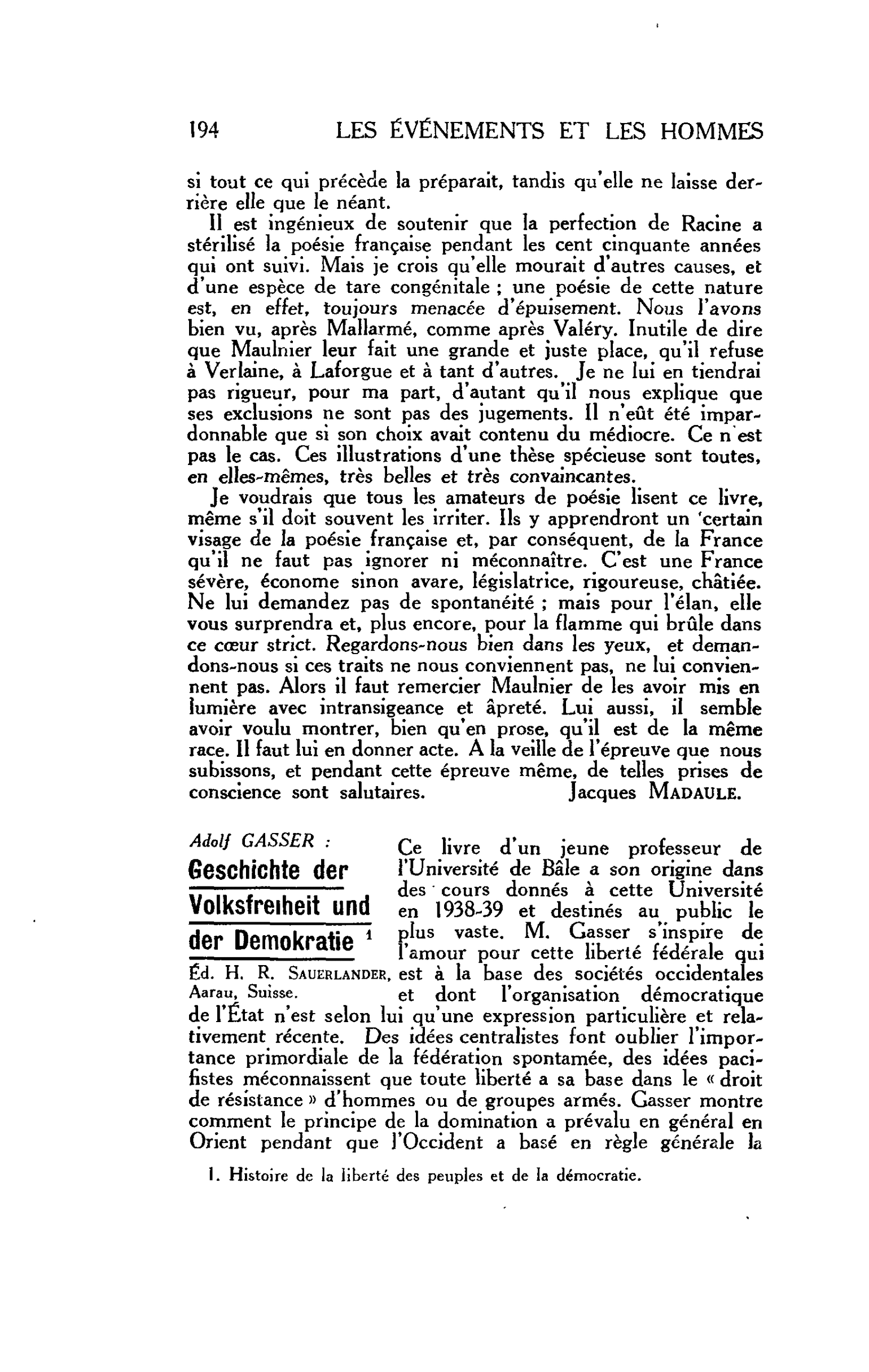 LES LETTRES. Adolf GASSER : Geschichte der Volksfreiheit und der Demokratie