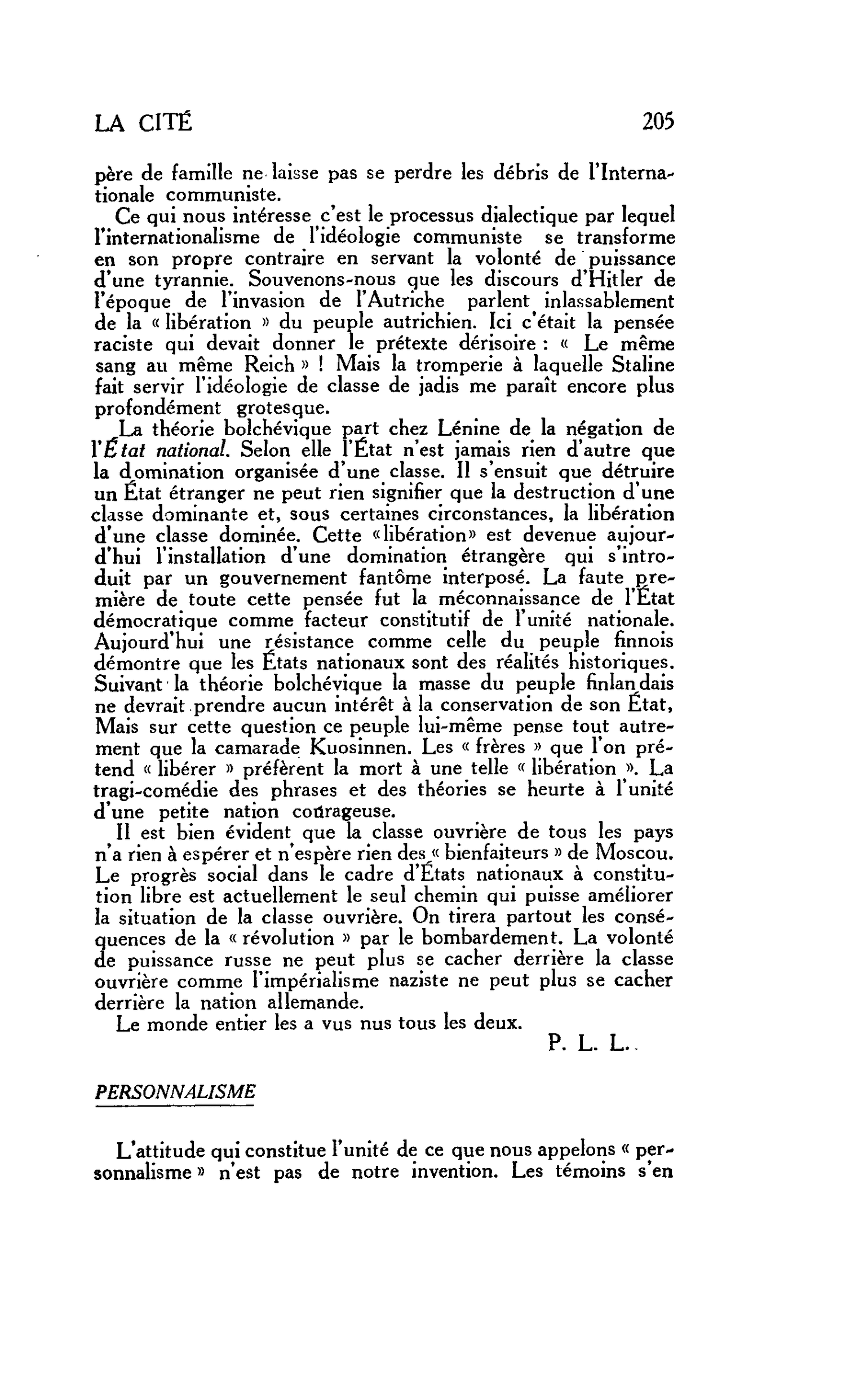 LA CITE : PERSONNALISME