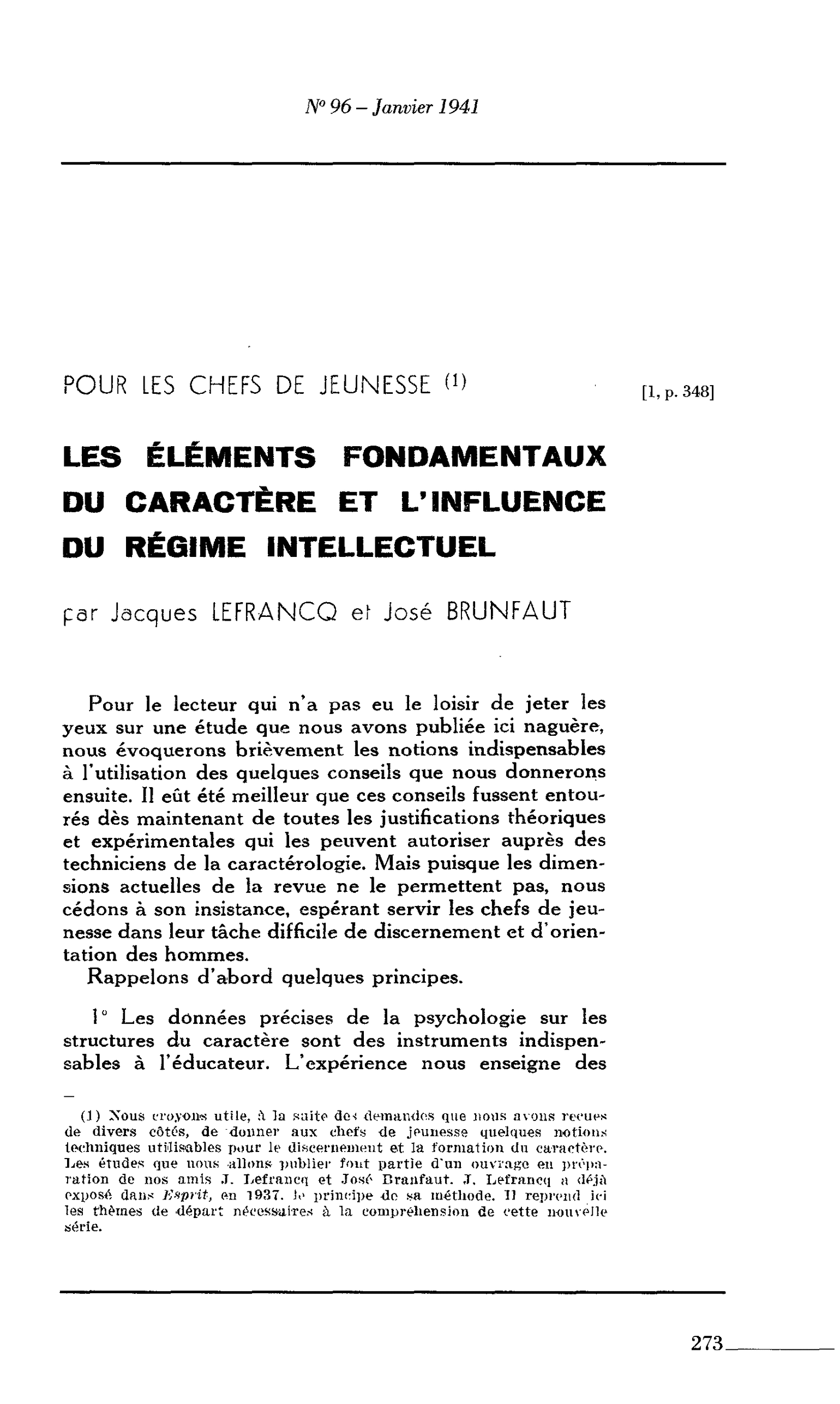 POUR LES CHEFS DE JEUNESSE  LES ÉLÉMENTS FONDAMENTAUX DU CARACTÈRE ET L’INFLUENCE DU RÉGIME INTELLECTUEL