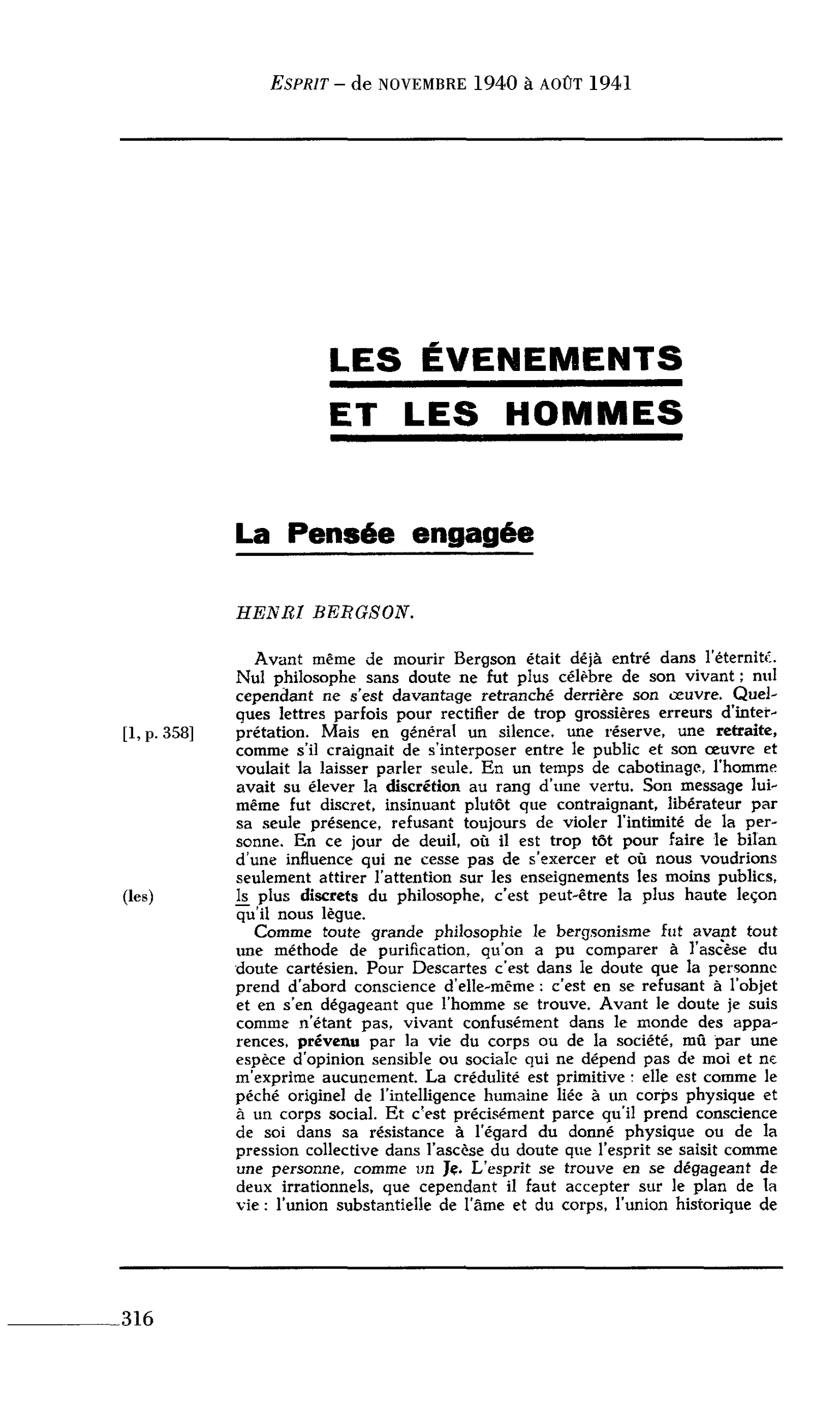 La Pensée engagée : Henri Bergson