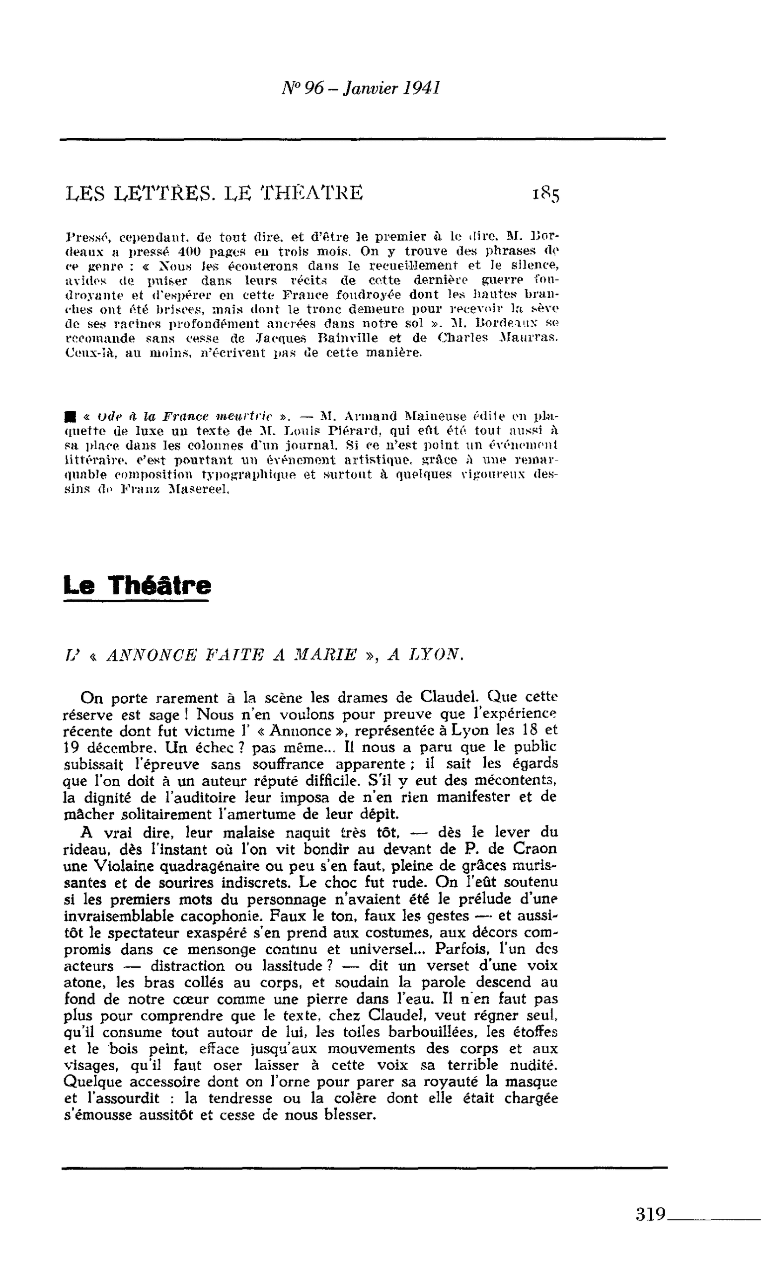Le Théâtre : L’ « ANNONCE FAITE A MARIE », A LYON