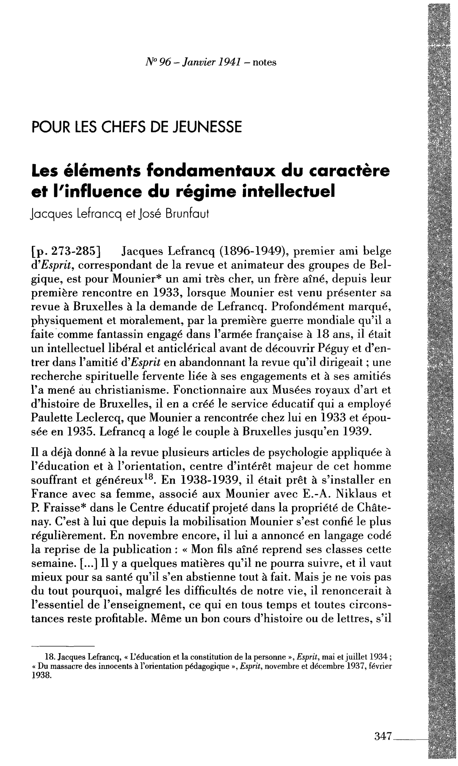 POUR LES CHEFS DE JEUNESSE : Les éléments fondamentaux du caractère et l’influence du régime intellectuel (par Lefrancq Jacques)
