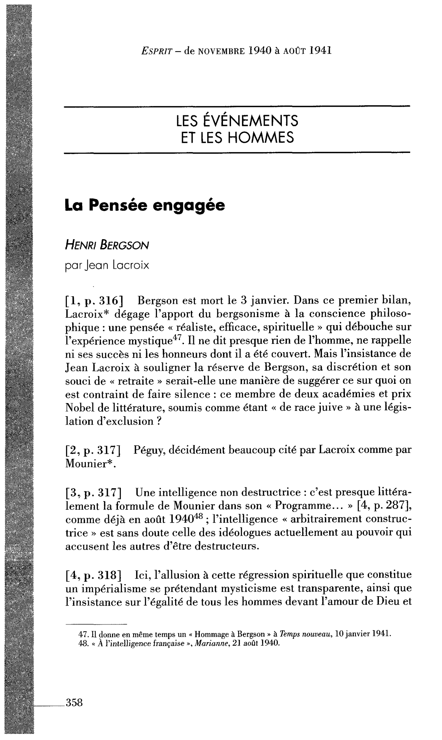 La Pensée engagée : Henri Bergson (par Lacroix Jean)