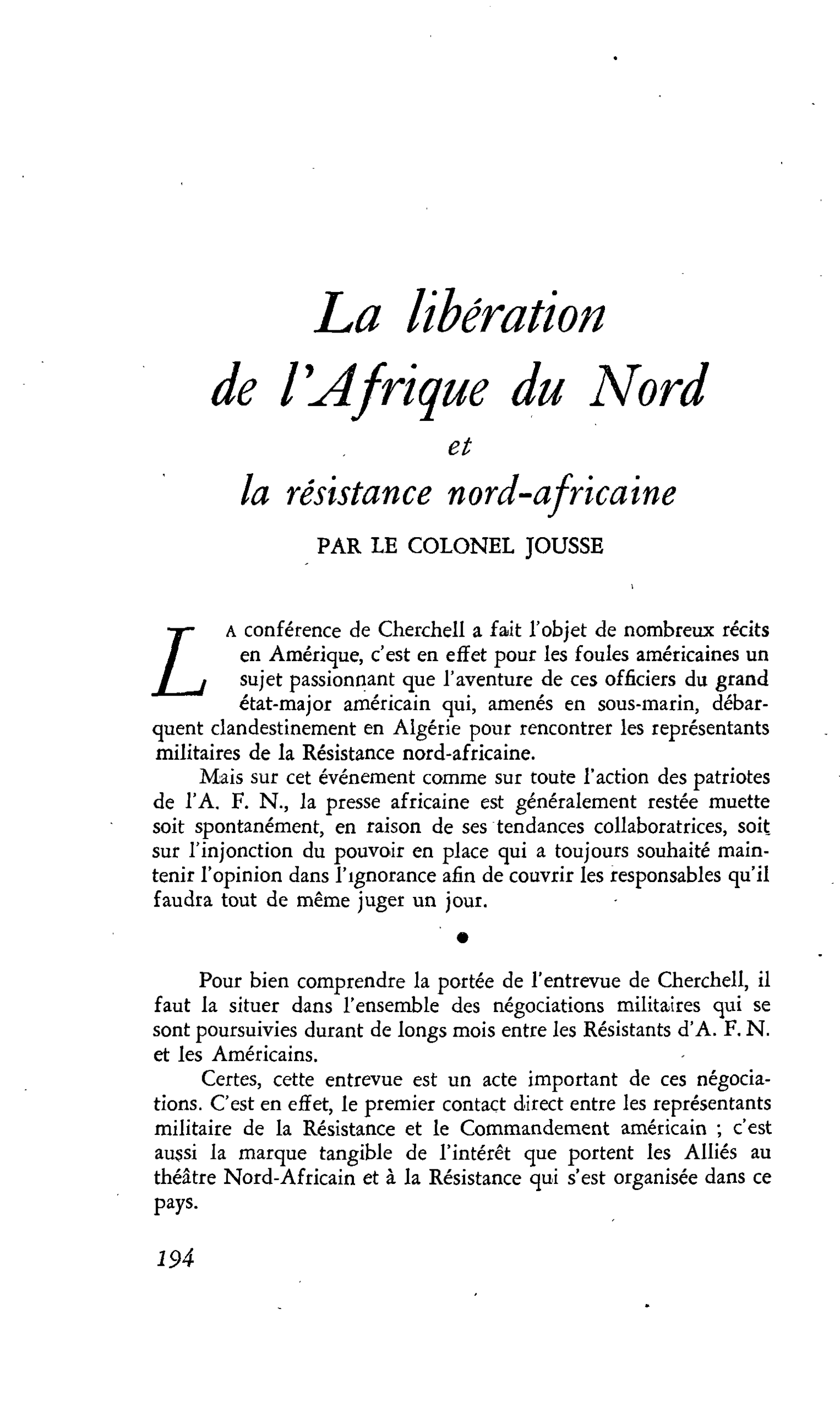 La libération de l’Afrique du Nord et la résistance nord-africaine