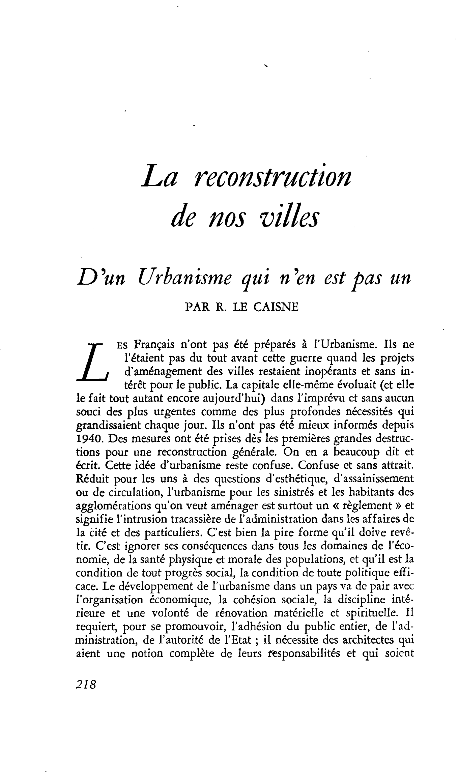 La reconstruction de nos villes. D’un Urbanisme qui n’en est pas un