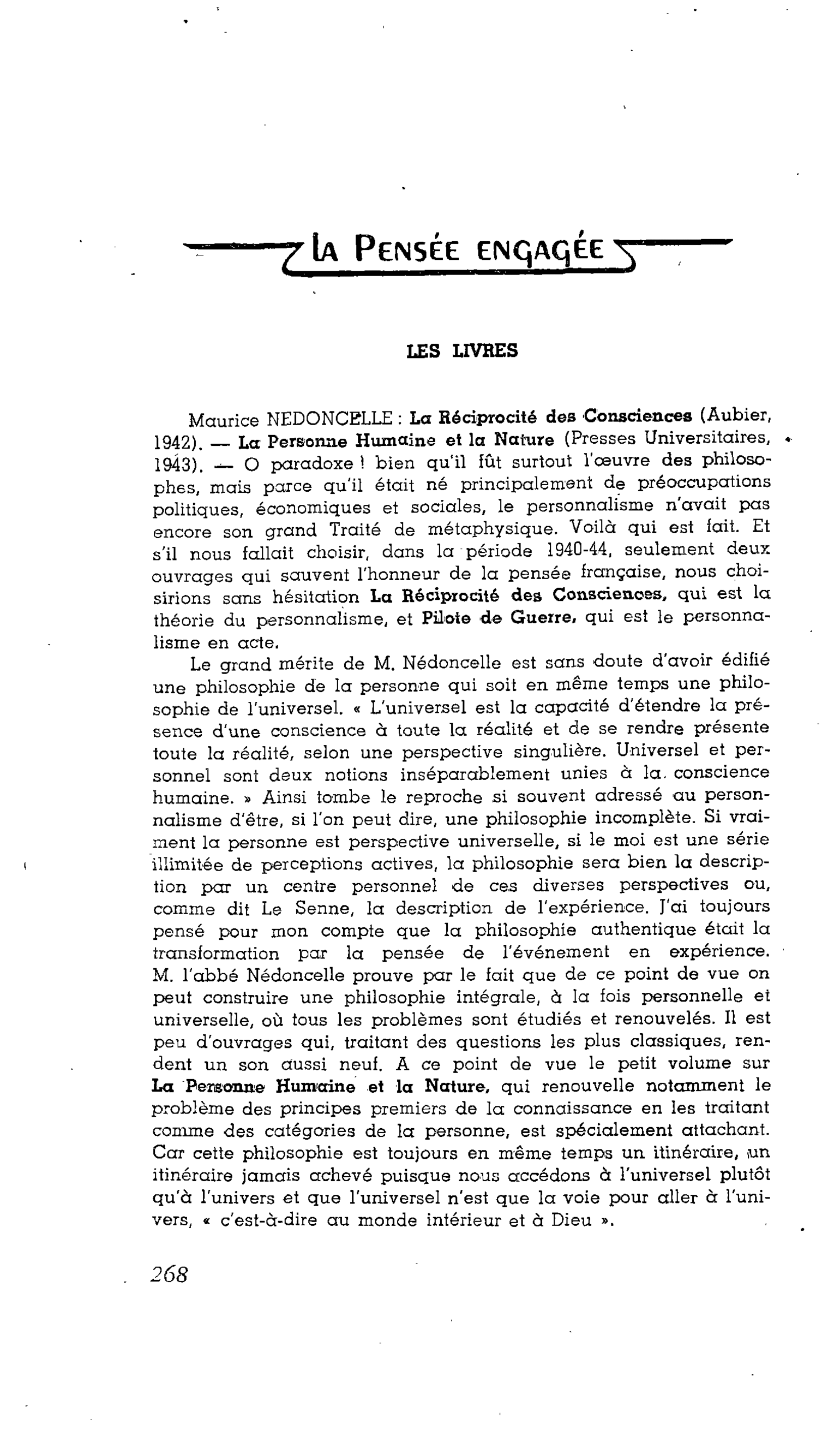 Les livres : Maurice Nedoncelle : La Réciprocité des Consciences. La Personne humaine et la Nature