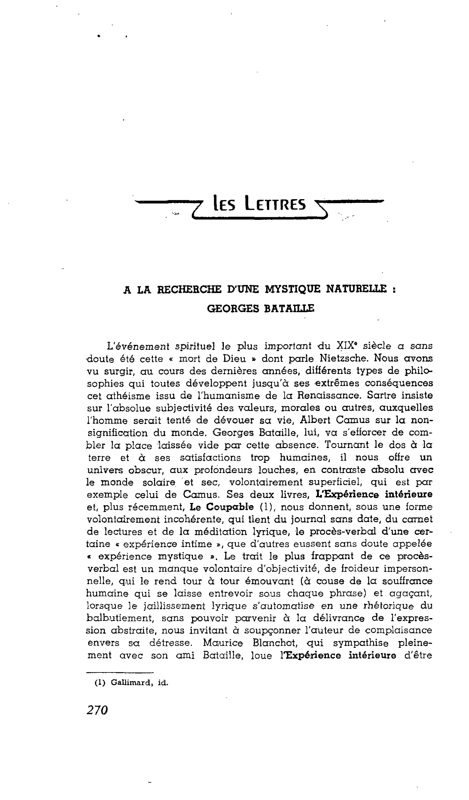 Les Lettres. A LA RECHERCHE D’UNE MYSTIQUE NATURELLE : GEORGES BATAILLE